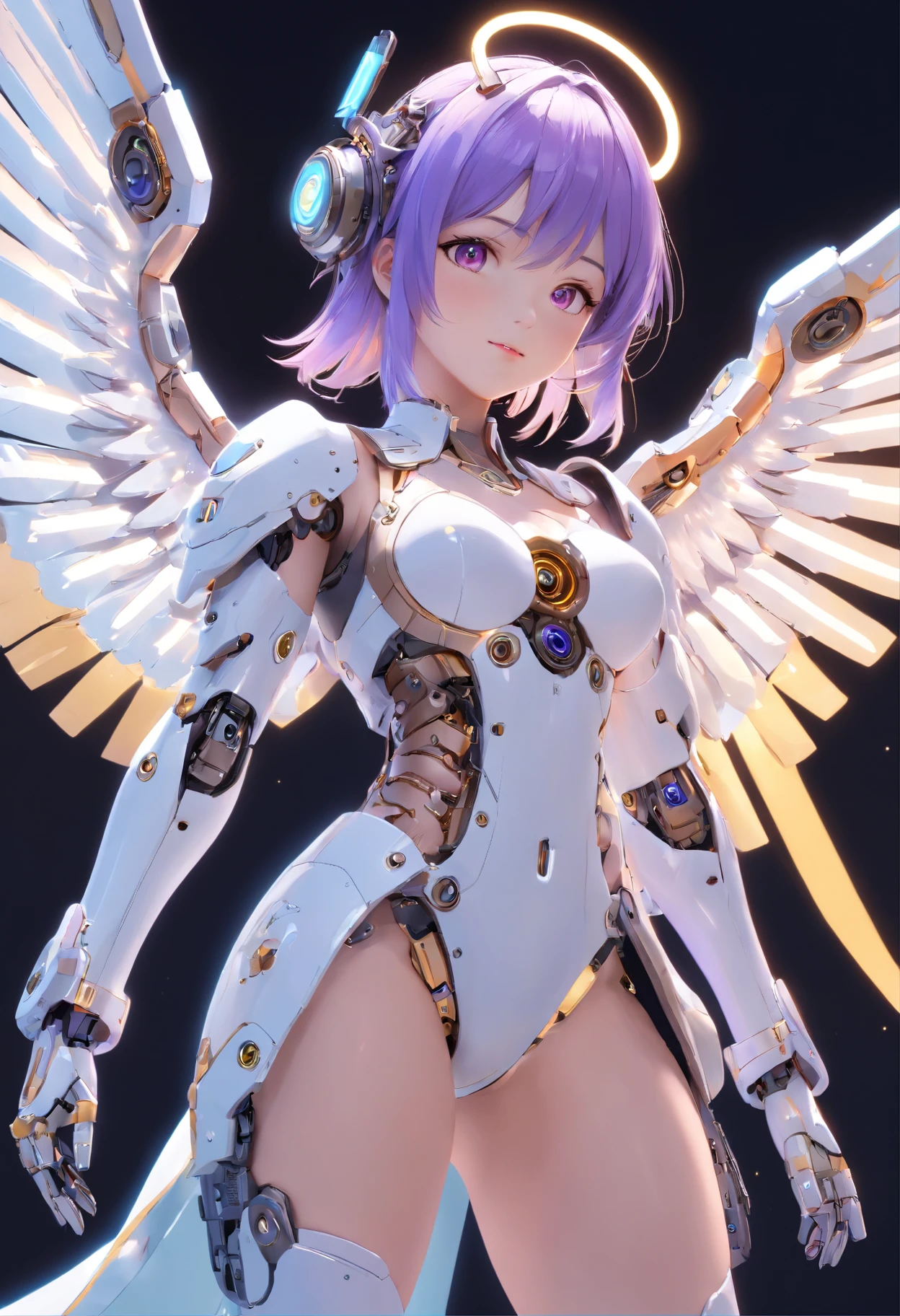 Create a bot、The gesture of the arrival of the angel、Suspended in mid-air、facing at camera、Complete body,in a panoramic view、12 to , With a charming smile, Trigger people's emotions, When you see him, top-quality、tmasterpiece、超A high resolution、(Photorealsitic:1.4)、RAW photo、Steampunk robot angel、Large wing made of metal、White porcelain body、whaite hair、glowy skin、Cyborg girl、((Super realistic details))、porate、The mechanical technology background evokes the aura of time,The gears are constantly spinning behind it、globalillumination、black shadows、octan render、8K、ultrasharp、Character edge light,Colossal tits、Raw skin is exposed in cleavage、Details of complex ornaments、Acrylic transparent cover、Sumerian details、Hydraulic cylinder、small led lights、highly intricate detail、Realistic light、a purple eye、Radiant eyes、Facing the camera、neon light detail、cow boy shot、Futuristic headgear、Floor plan about the《cyber punk perssonage》、Extra meticulous、future-tech、Faraway view、Full body photo、