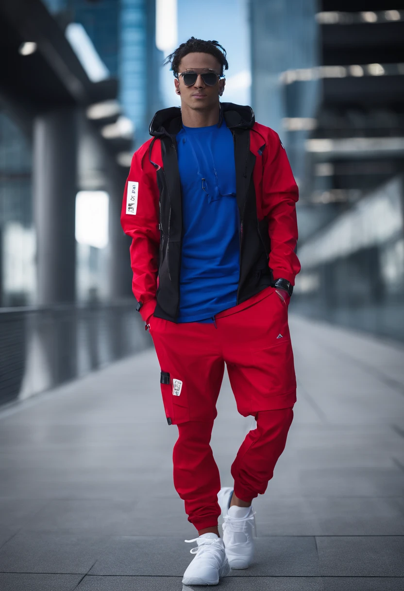 Spirit guys,Dynamic,workout,Desportivo,Basketball shoes,Red beach pants,Blue T-shirt,with blue sky and white clouds,Masterpiece details