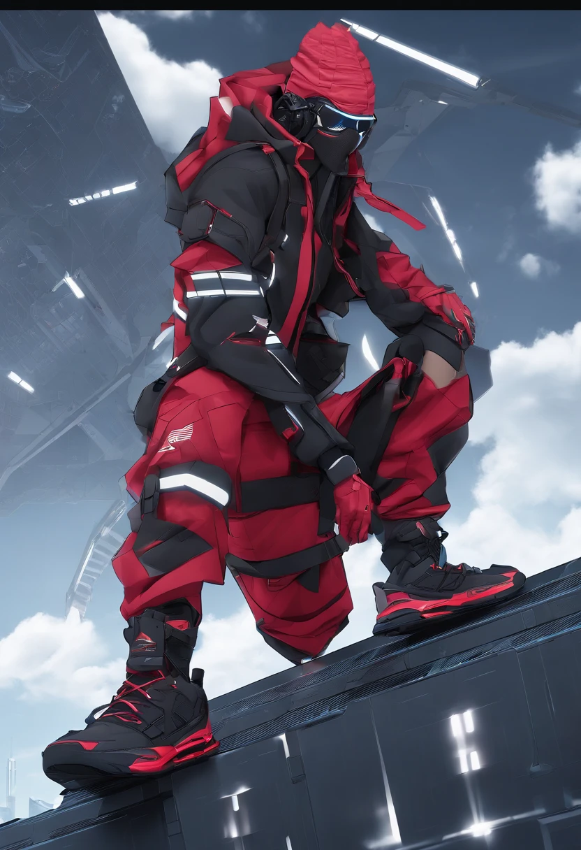 Spirit guys,Dynamic,workout,Desportivo,Basketball shoes,Red beach pants,Blue T-shirt,with blue sky and white clouds,Masterpiece details
