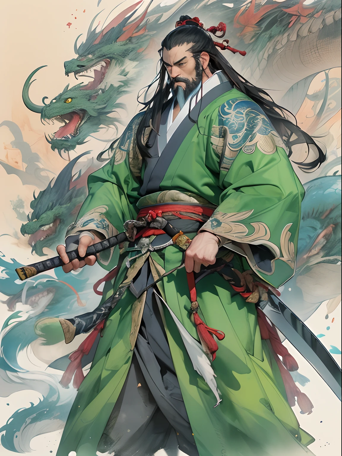 (((China-style，Ink painting method，Half-length portrait，Intense color，Han dynasty, China，Hanfu，Armor，Guan yu，Guan Yunchang，of a guy，Ruddy killing square face，Hold the Blue Dragon Moon Knife in his right hand，Stroke your beard with your left hand，Long hair，petty eyes，Green robe))), (((best qualityer))), (((tmasterpiece))), (((AS-Adult))), ((( Japanese ))), Look up from your knees, Handsome Asian samurai，perfect body figure, Modern samurai, ((( Asian))), Wear gloves on your hands，The left arm is made of steel and metal tips，Made of protective devices, The eyes are pulled, (( Appears below the chest )), (( Small dental floss )), Simon Bisley, Almost naked（Simon Bisley）Castle City Wilderness，For high-resolution posters, hair straight, Minimum clothing, armure (Crazy clothes ), Full of tips and rivets, tribal tattoos, (((full bodyesbian))), Straight brunette hair，Colored hair ends