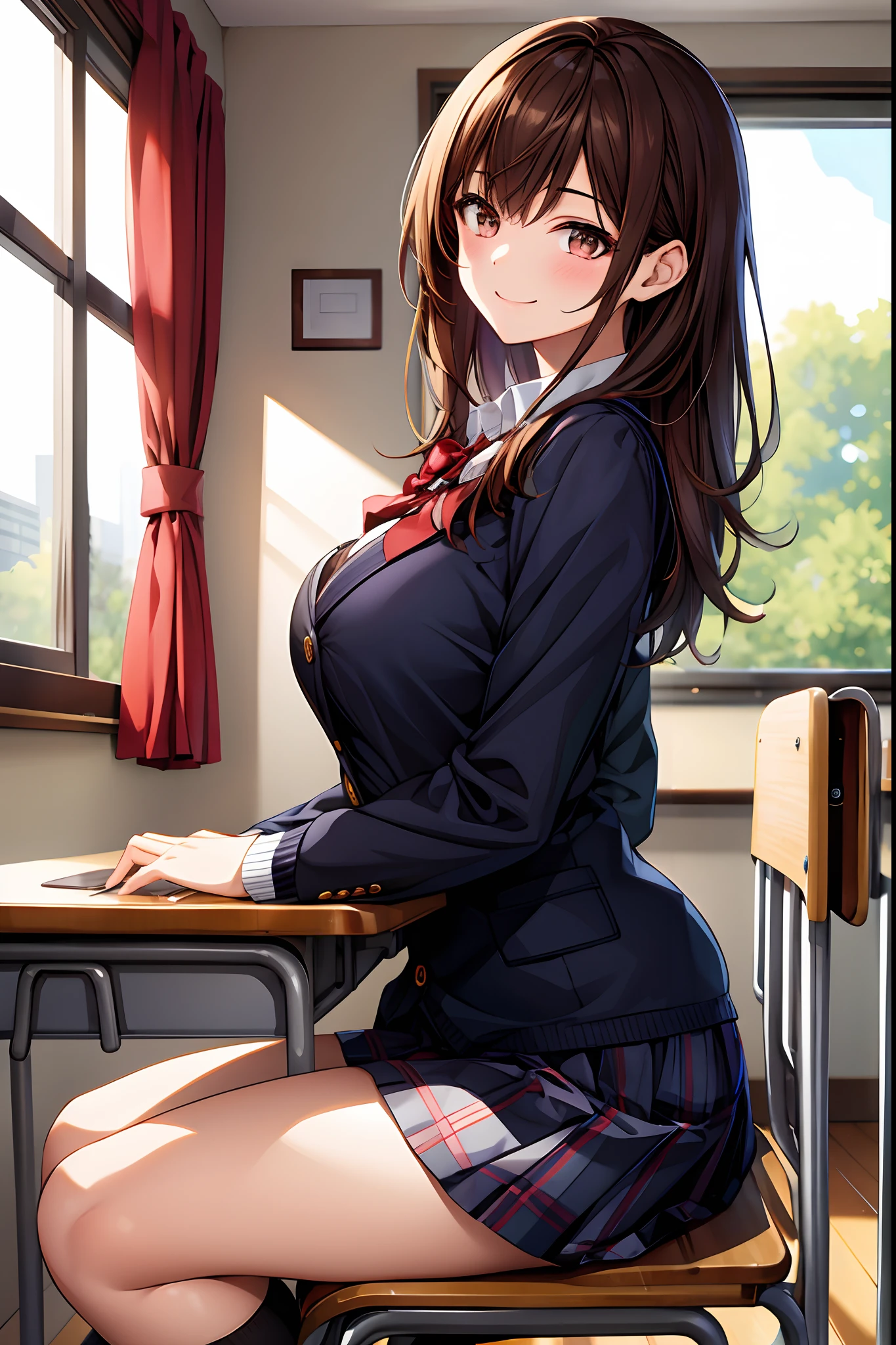 masterpiece,Best Quality,(ultra-detailliert:1.2),
Beautiful eyes,Beautiful hair,Beautiful face,Beautiful skin,breast rest,smile,fearless smile,happy,fun,joyful,sitting,on chair,PovSideClass,indoors,chair,desk,classroom,school desk,window,dynamic angle,from side,
1girl,Ultra-detailed shiny hair,medium hair,((bister hair)),((chocolate eyes)),
Large breasts,slender,kawaii,Cute,
School uniform,Blazer,Cardigan,
(class room:1.1),