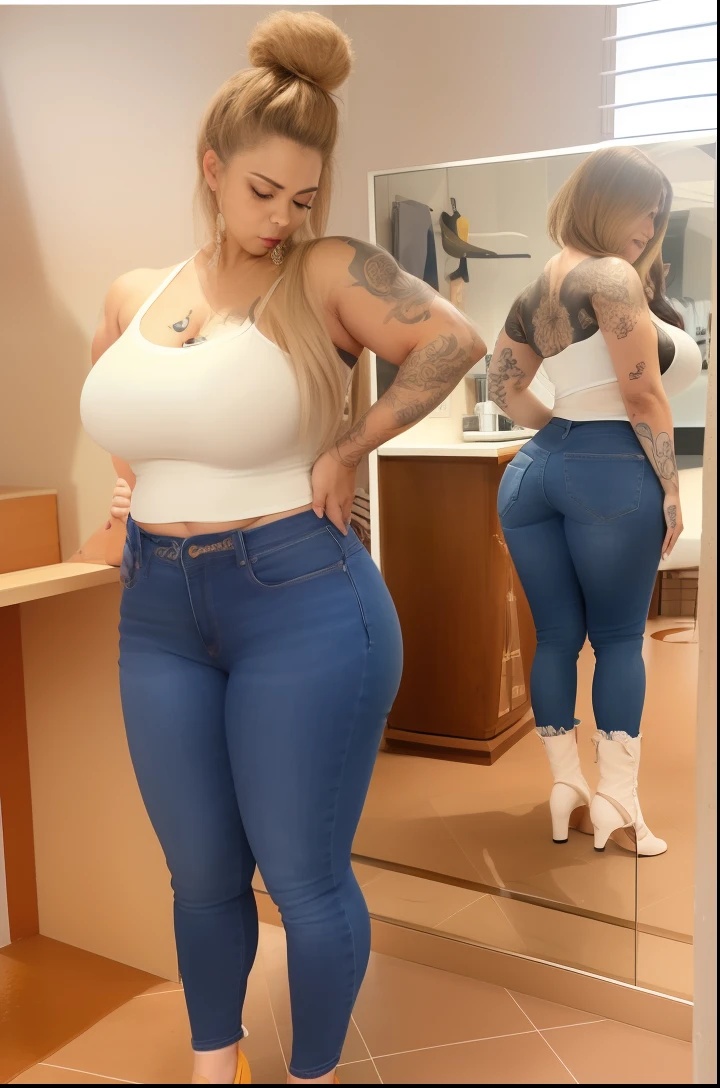 A beautiful blonde woman and a beautiful black woman back to back, wearing bikinis, thick thighs, big breasts, big asses, showing off their figures, jaqueta jeans, (best quality,4k,8k,highres,masterpiece:1.2),ultra-detailed,(realistic,photorealistic,photo-realistic:1.37),HDR,UHD,studio lighting,ultra-fine painting,sharp focus,physically-based rendering,extreme detail description,professional,vivid colors,bokeh,portraits,highly detailed,cinematic lighting,dramatic lighting,chiaroscuro,moody,dramatic