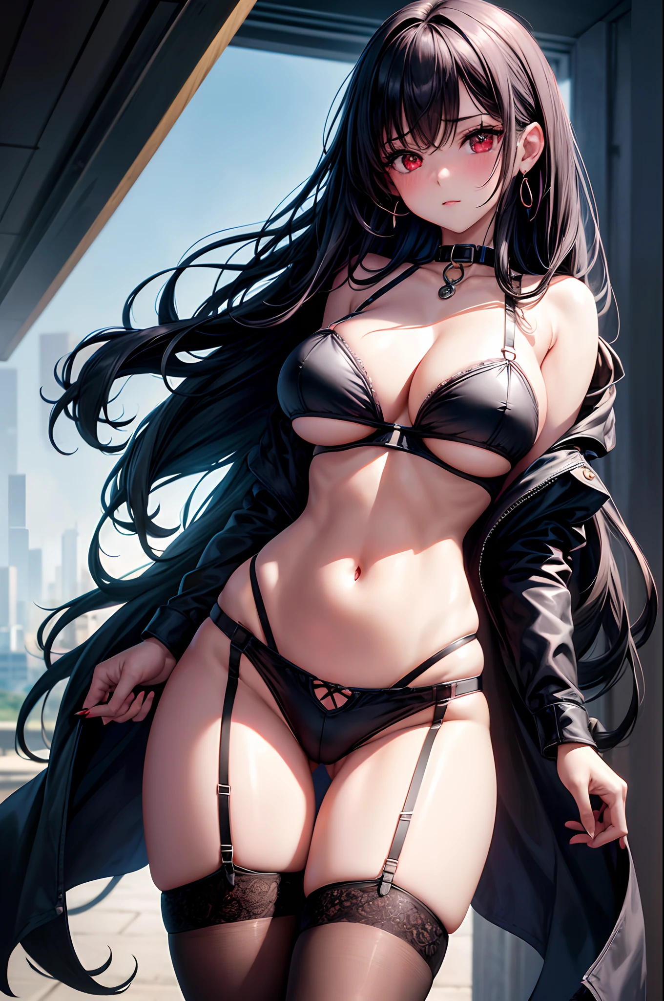 1girl, absurdres, high res, ultrasharp, 8K, masterpiece, looking at viewer, human, thighs, breasts, huge breasts, cleavage, underboob, long hair, black hair, red eyes, earrings, collar, crop top, naval, thon, garter straps, thigh highs, blush, transparent