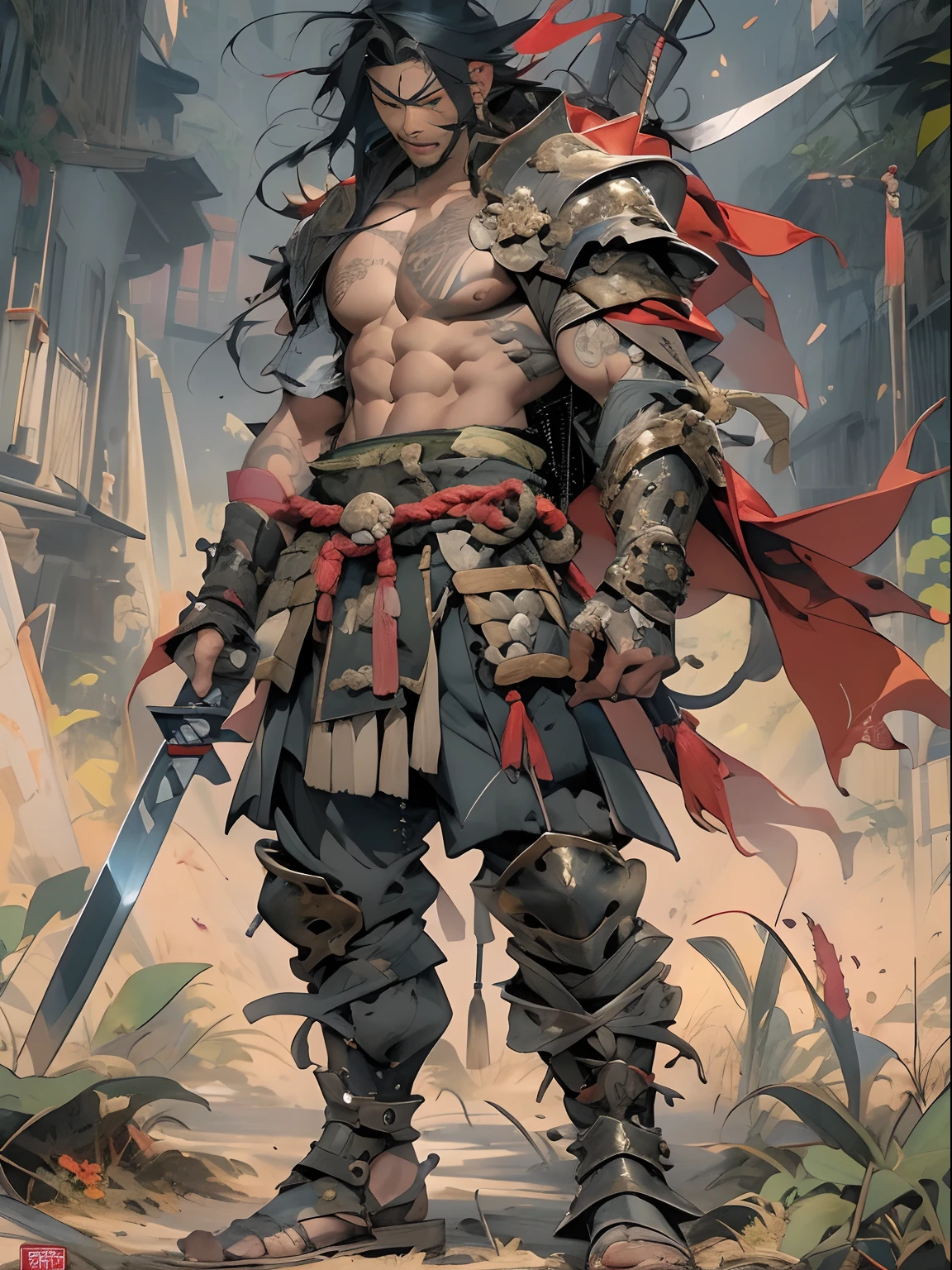 masterpiece,best quality,painting of a man,((highlander, intricate outfit, thong, Goldfish Orange theme)),lonely look,well-built ripped man,big hair,Platinum hair,short back and sides,Bright Blue eyes,tall,temperate desert,intricate background,dynamic pose,action scene
