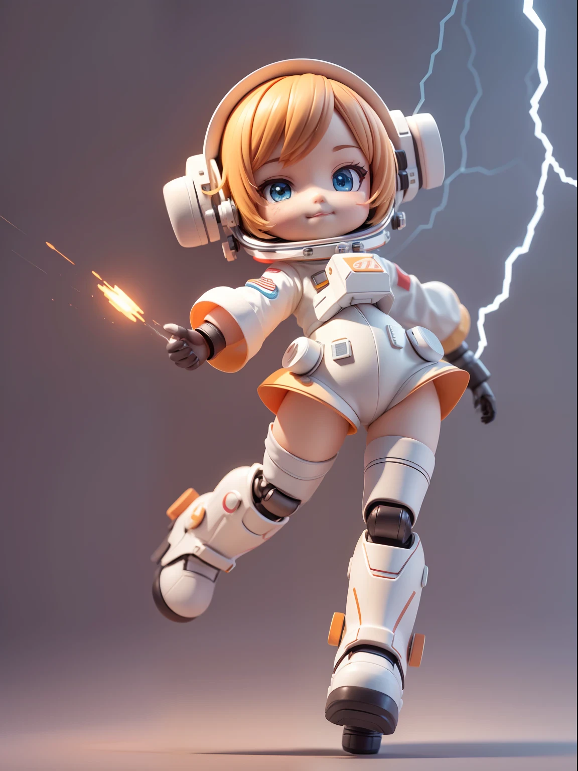 Cute girl ride on spaceship, Smile and cute pose ,Orange and white color, (Cute Astronaut: 1.331), Cute Style, Small, Big Head, 3D Rendering, ((Q Version)), Pokémon style, Machine Style, Cinematic Texture, Figures, Pokémon, Movie Lights, Heavy Robotic Arm, Mechanical Belly, Mechanical Legs, Mechanical Legs, Mechanical Sense, Spinning, Colorful Lightning, Lightning, Cool, Clean White Background, Ray Tracing, Premium Colors, Full Body 3D Model, Action, Stylish Blind Box Toys. (fill body:1.2),chibi