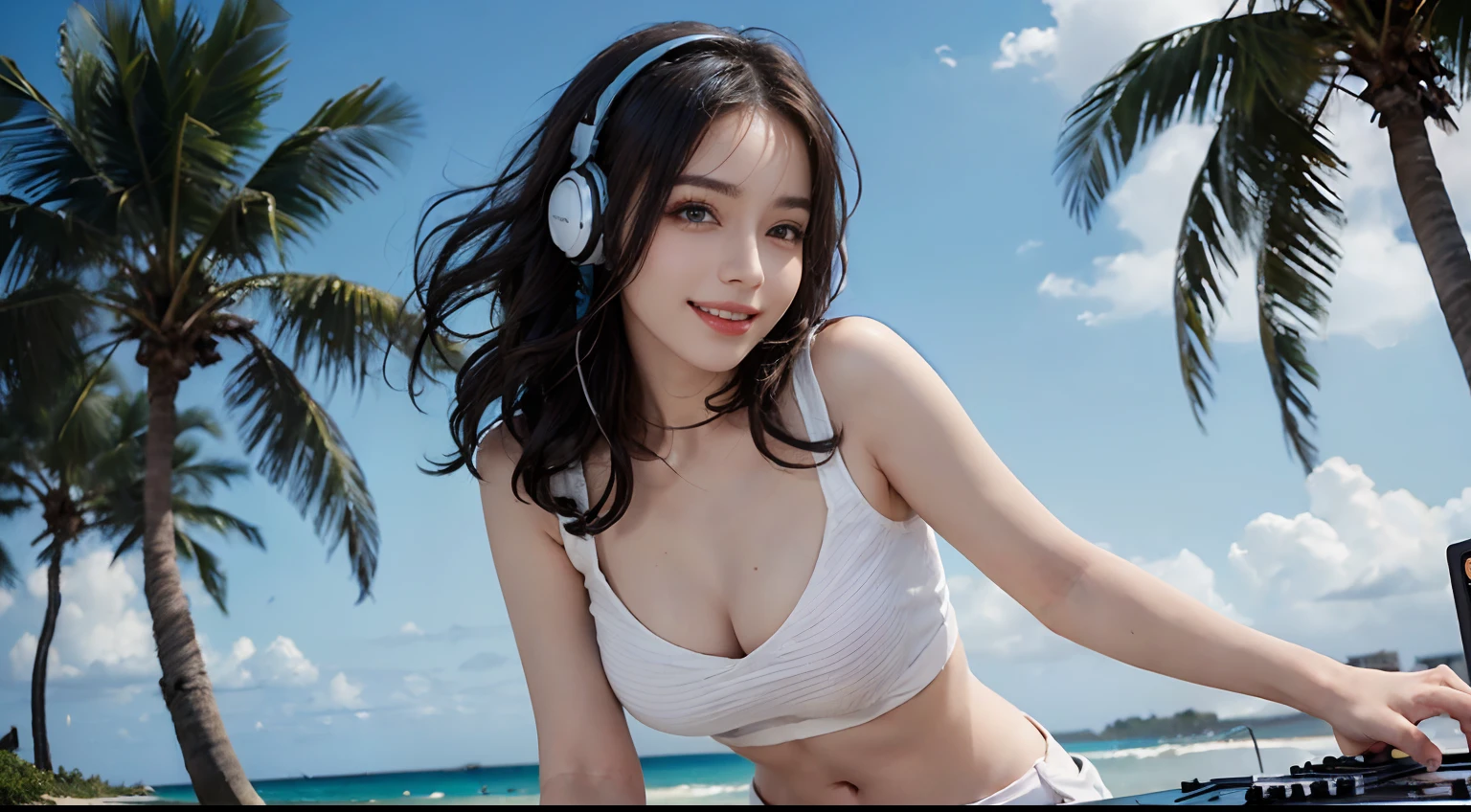 ((best qualtiy, 8K, tmasterpiece:1.3)), edgy:1.2, A beautiful woman with a perfect body:1.4, Slim Abs:1.2, ((Layered hairstyle, Big:1.5)), (Athens,the street:1.2),saturated:1.5,Highly detailed facial and skin texture,A detailed eye,Double eyelidd,Look at the camera sideways,open shirt,navels,exposed navel,Cover your chest with your hands,hands on breasts, Sunny weather, seaside, waves, palm tree, White tank top and ripped shorts, seaside, waves, palm tree, seaside, waves, palm tree, seaside, waves, palm tree, seaside, waves, palm tree, (Wear large headphones for DJs), (Woman manipulating DJ mix equipment), (Sorrisos), (Sorrisos), (Underarms), (Underarms), (Underarms)