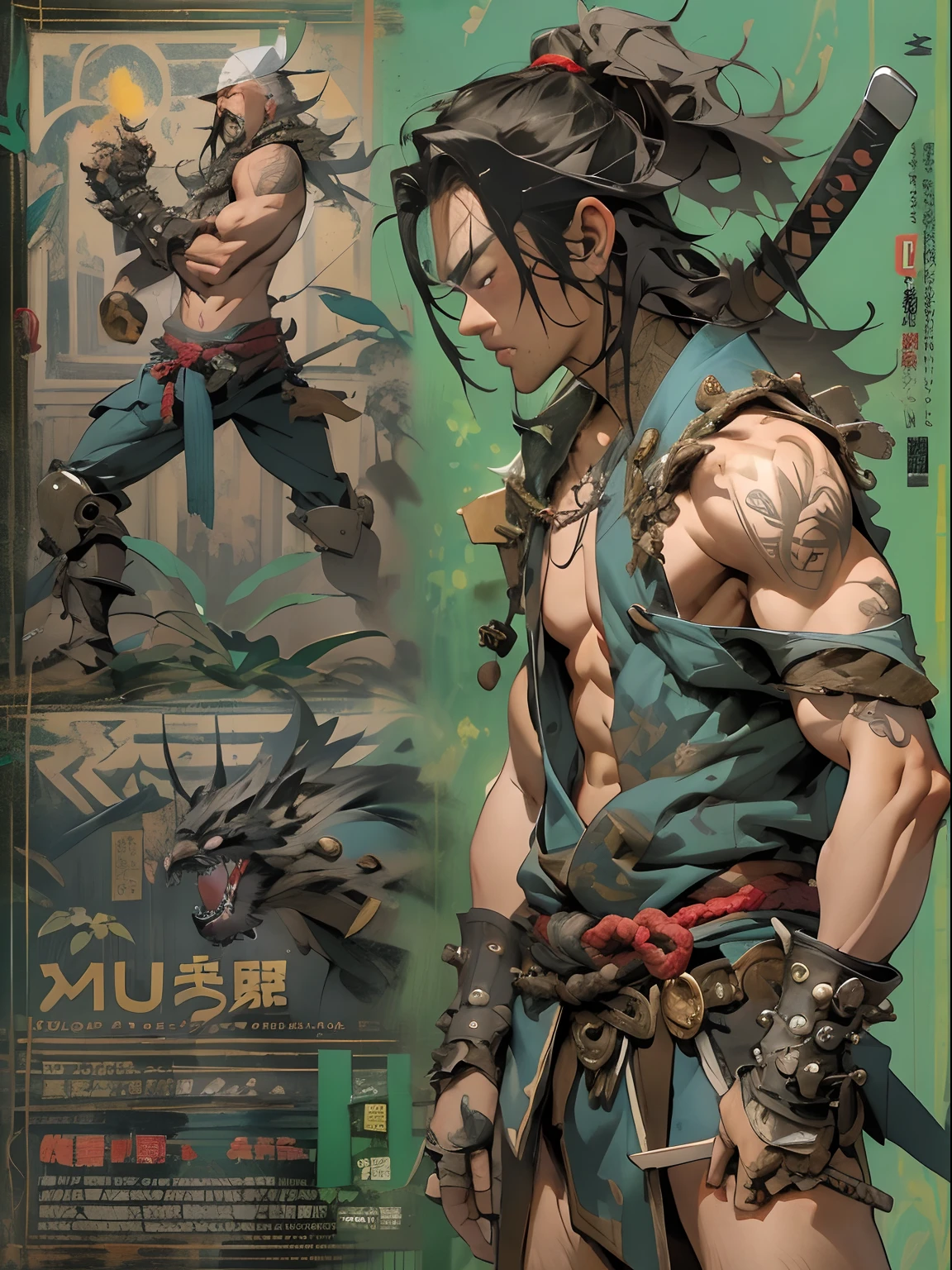 (((mtu))), (((best qualityer))), (((tmasterpiece))), (((AS-Adult))), ((( Japanese ))), Look up from your knees, Handsome Asian samurai,perfect body figure, Modern samurai, ((( Asian))), Wear gloves on your hands,The left arm is made of steel and metal tips,Made of protective devices, The eyes are pulled, (( Appears below the chest )), (( Small dental floss )), Simon Bisley, Almost naked(Simon Bisley)Castle City Wilderness,For high-resolution posters, hair straight, Minimum clothing, armure (Crazy clothes ), Full of tips and rivets, tribal tattoos, (((full bodyesbian))), Straight brunette hair,Colored hair ends