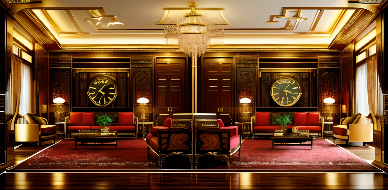 there is a living room with a clock on the wall, interior living room, asian interior decoration, colonial style, neo - classical style, highly detailed interior, elegant and extremely ornamental, living room interior design, living room, rendered in 3 dsmax, elegant and ornate, ornate retreat, interior design living room, 1 9 2 0 s room, art deco interior and there is a living room with a clock on the wall, interior living room, asian interior decoration, colonial style, neo - classical style, highly detailed interior, elegant and extremely ornamental, living room interior design, living room, rendered in 3 dsmax, elegant and ornate, ornate retreat, interior design living room, 1 9 2 0 s room, art deco interior