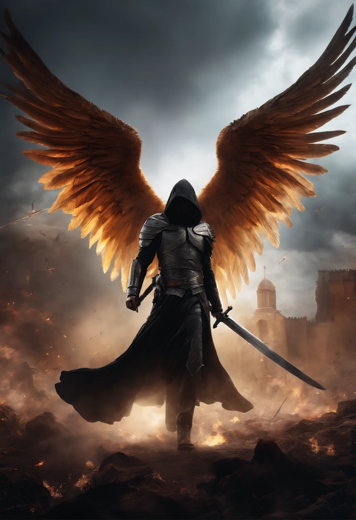 Realistic, 4k, Angels with big wings, Black clothes, One Sword, Hood against the backdrop of war (Chaos)