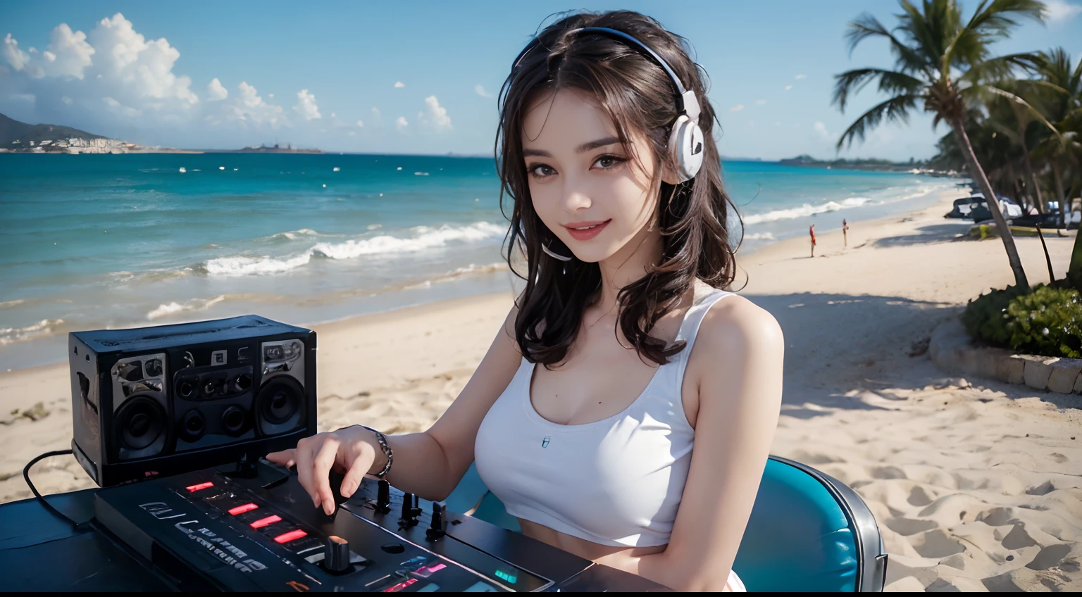 (ultra - detailed, 16K resolution, Cinema lenses, rendering by octane), (high resolution:1.18), intricate detail, (masterpiece:1.1), (highest quality:1.1), (1girl, portrait, white hair, blue eyes, short hair, detailed eyes),Wearing silver DJ headphones, sequined T-shirt, (in the beach:1.5), (Iconic hip-hop pop costumes:1.3), Smile while DJing on stage, DJ studio next to the beach, ((A stylish DJ stage on a hill overlooking the beach)), full body shot, Photorealistic photography by Sunshine, (cute round face:1.3), perfect fingers, five fingers, beautiful hands, perfect hands. master peace, cute smile, Fixhand.