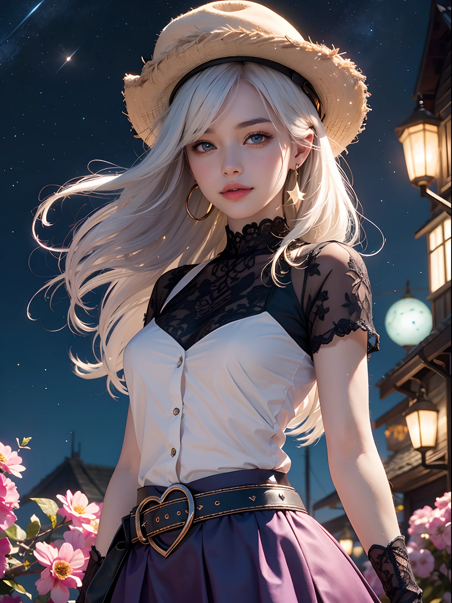 Unbeatable masterpiece, Ultra photo realsisim, Perfect artwork, Intricate details, Best quality, Strong light , High contrast, Dynamic pose, Dutch angle , 1girll , Heart , White hair , Background , Shorthair , Earrings , jewelry , Hat , shirt , Solo , full bodyesbian , flower , purple color-theme , Short sleeved short spiny shirt , Seductive smile , Heterochromia, Stars in Eyes , Messy floating hair ,Colored inner hair , Starry sky adorns hair , +Depth of field