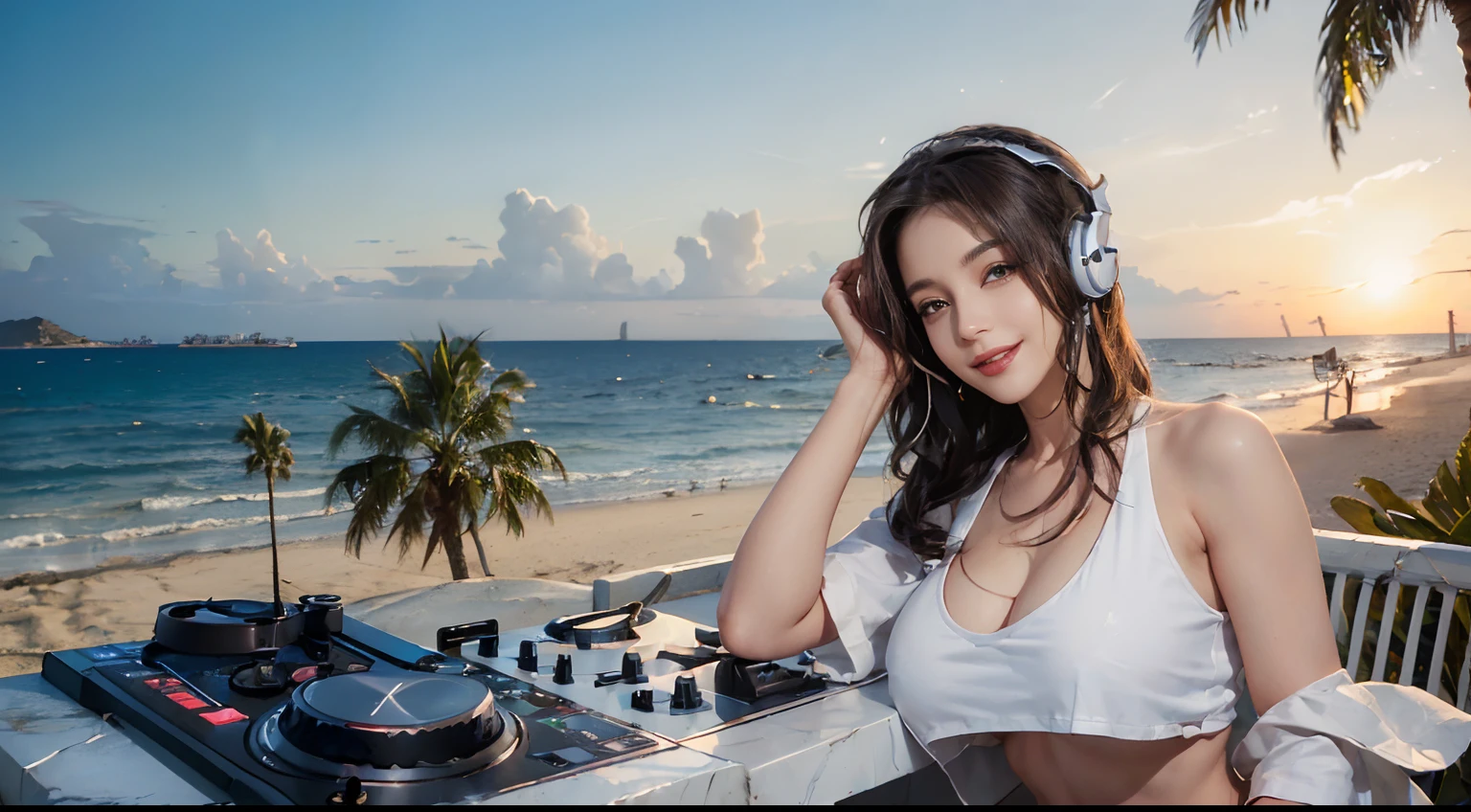 ((best qualtiy, 8K, tmasterpiece:1.3)), edgy:1.2, A beautiful woman with a perfect body:1.4, Slim Abs:1.2, ((Layered hairstyle, tits huge:1.5)), (Athens,the street:1.2),saturated:1.5,Highly detailed facial and skin texture,A detailed eye,Double eyelidd,Look at the camera sideways,open shirt,navels,exposed navel,Cover your chest with your hands,hands on breasts, Sunny weather, seaside, waves, palm tree, White tank top and ripped shorts, seaside, waves, palm tree, seaside, waves, palm tree, seaside, waves, palm tree, seaside, waves, palm tree, (Wear large headphones for DJs), (Woman manipulating DJ mix equipment), (Sorrisos), (Sorrisos), (Underarms), (Wear large headphones for DJs), (Woman manipulating DJ mix equipment), (Sorrisos), (Sorrisos), (Underarms)