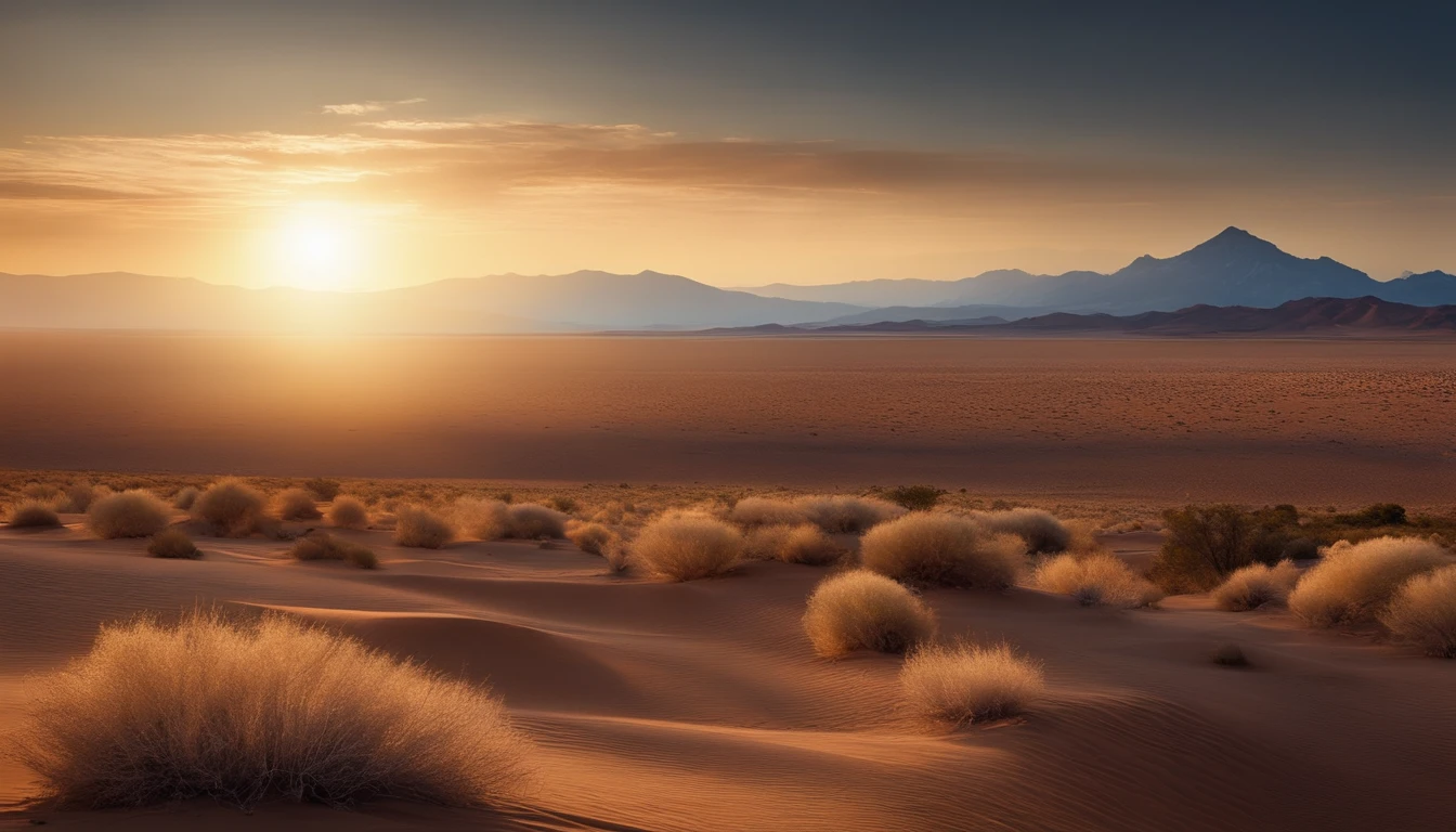 desierto en otro planeta lejano, with mountains on the horizon, se ve una colonia futurista a lo lejos, un planeta en el firmamento, Heavy atmosphere, calor, humedad, niebla, polvo en el aire, atardecer muy caliente, Hyperrealistic image real photography 16K