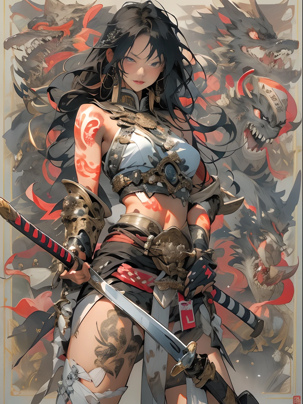 girl, teen,ancient japanese warrior, ancient japanese armor, weapon in hand, accesories, small breasts,naked,battle facepaint, vibrant appearance, creative behavior, imaginative, sensual, spontaneous, highest quality, skin texture, intricate details, (cinematic lighting), RAW photo, 8k