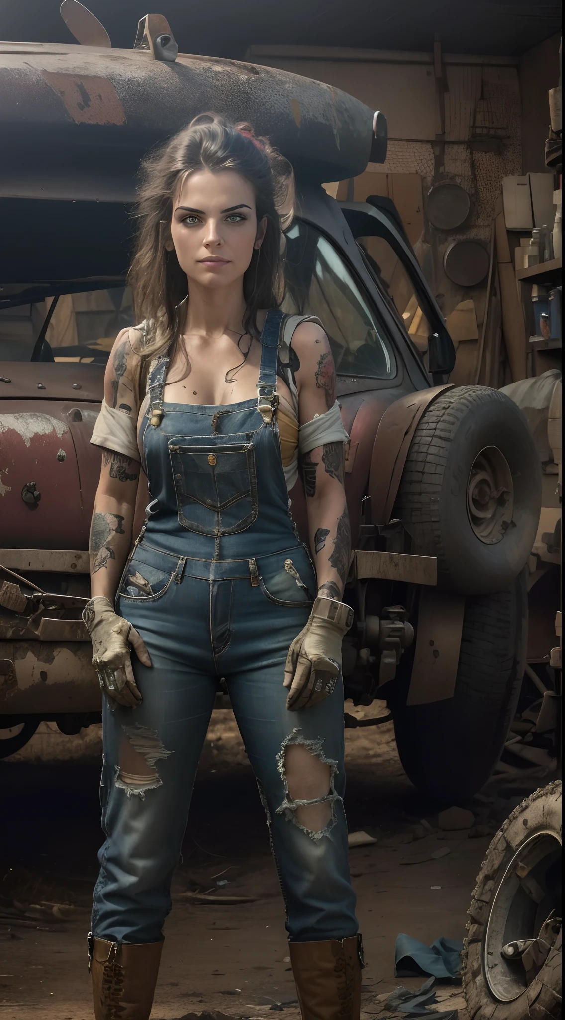 ((best quality)), ((masterpiece)), (detailed), mesmerizing and alluring female mechanic covered in grease,Confident smile，Look into the camera，(Dirty and rugged charm:1.2), (tough and confident demeanor:1.1), (mechanical expertise:1.3), disheveled hair, smudged face with a playful smirk, stained overalls clinging to her curves, (gritty tools of the trade:1.2), cluttered repair shop, scattered car parts, (authentic automotive ambiance:1.2), (intense gaze:1.1), gripping a wrench in her dirty hands, 8k resolution,looking at another, looking away,( tattoo:1.2), masterpiece, best quality,Photorealistic, ultra-high resolution, photographic light