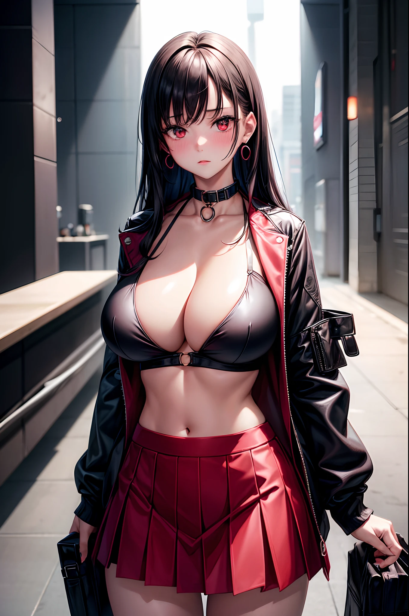 1girl, absurdres, high res, ultrasharp, 8K, masterpiece, looking at viewer, human, thighs, breasts, huge breasts, cleavage, underboob, long hair, black hair, red eyes, earrings, collar, crop top, open jacket, skirt, naval, blush, transparent