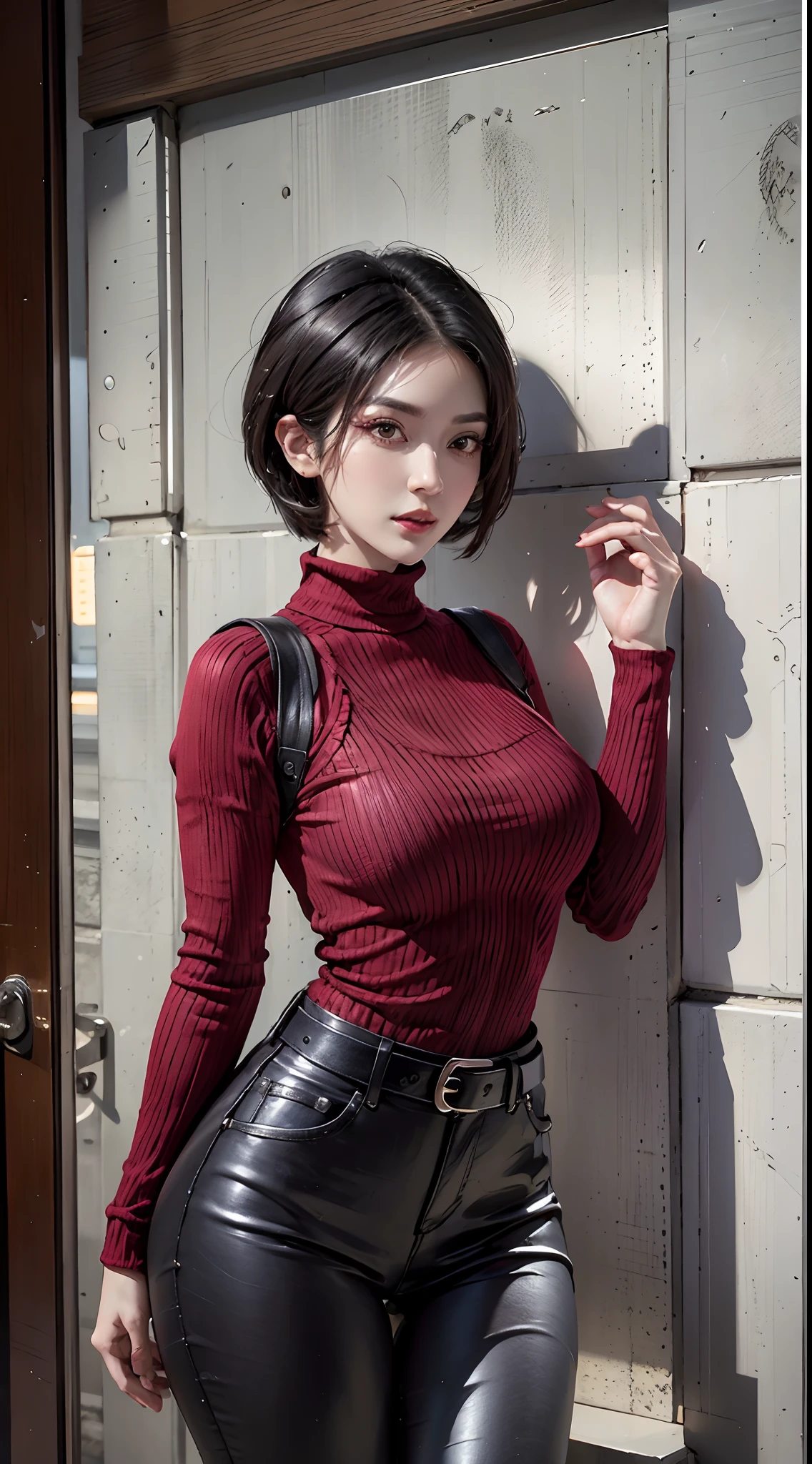 photorealistic, high resolution, 1women, mature female, solo, hips up, red sweater, belt, black hair, (facial clarity:1.3), short hair, intricate details, long eyelashes, thick eyelashes, short hair