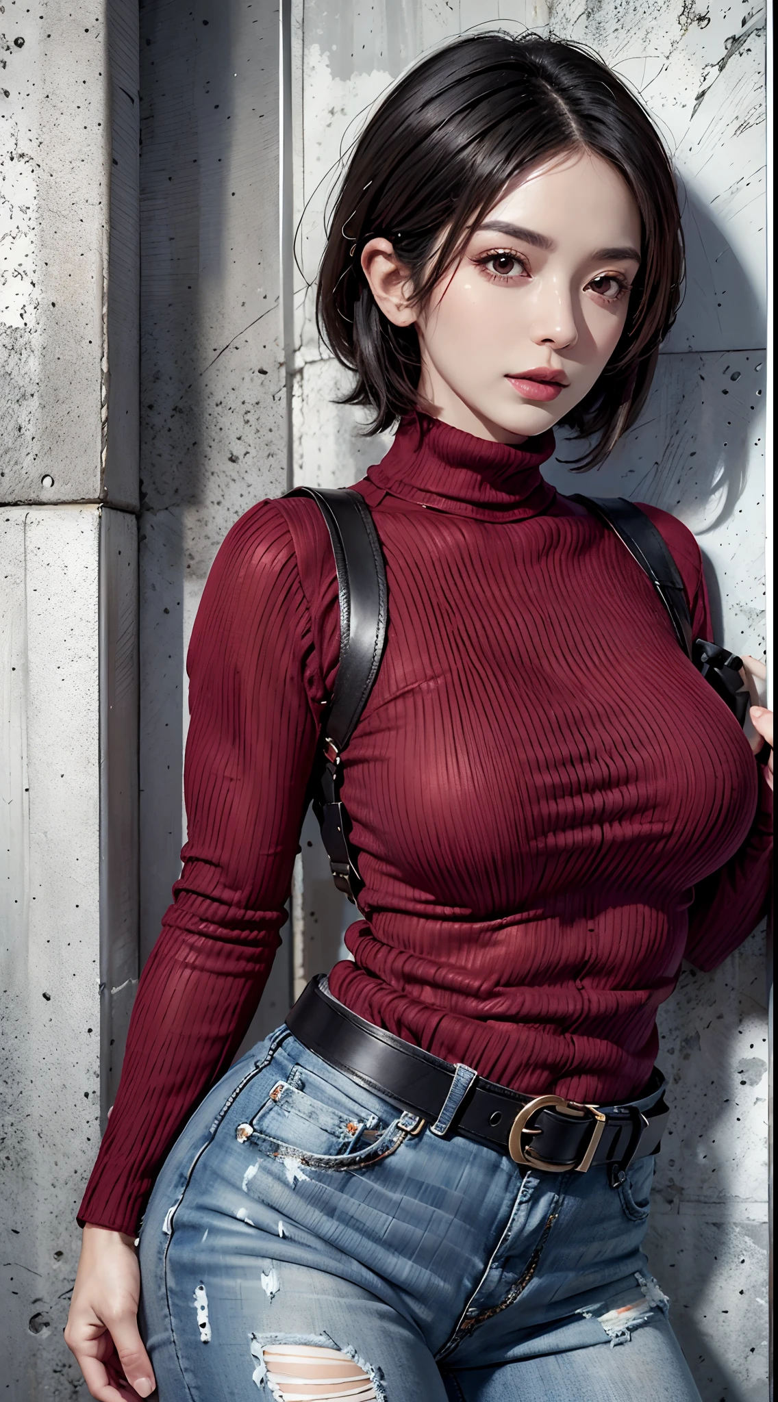 photorealistic, high resolution, 1women, mature female, solo, hips up, red sweater, belt, black hair, (facial clarity:1.3), short hair, intricate details, long eyelashes, thick eyelashes, short hair