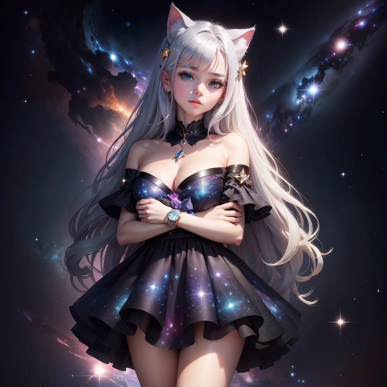 A watch with a cute cat motif Lots of silver stars and rivers twinkling Glitter and seductive Galaxy like a jewel box You can also see large galaxies and the Milky Way The body of a cat is 5 heads