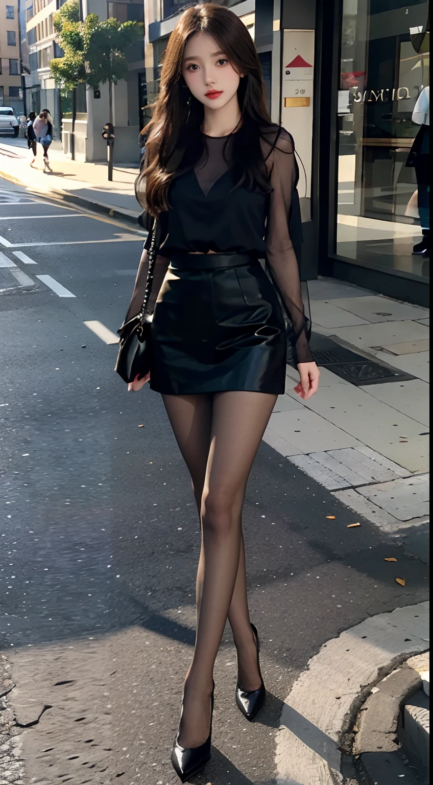 Beautiful detailed eyes，Single ball head，Transparent colorless flesh-colored pantyhose，high-heels，On the street，and the sun was shining brightly，short- sleeved，short  skirt