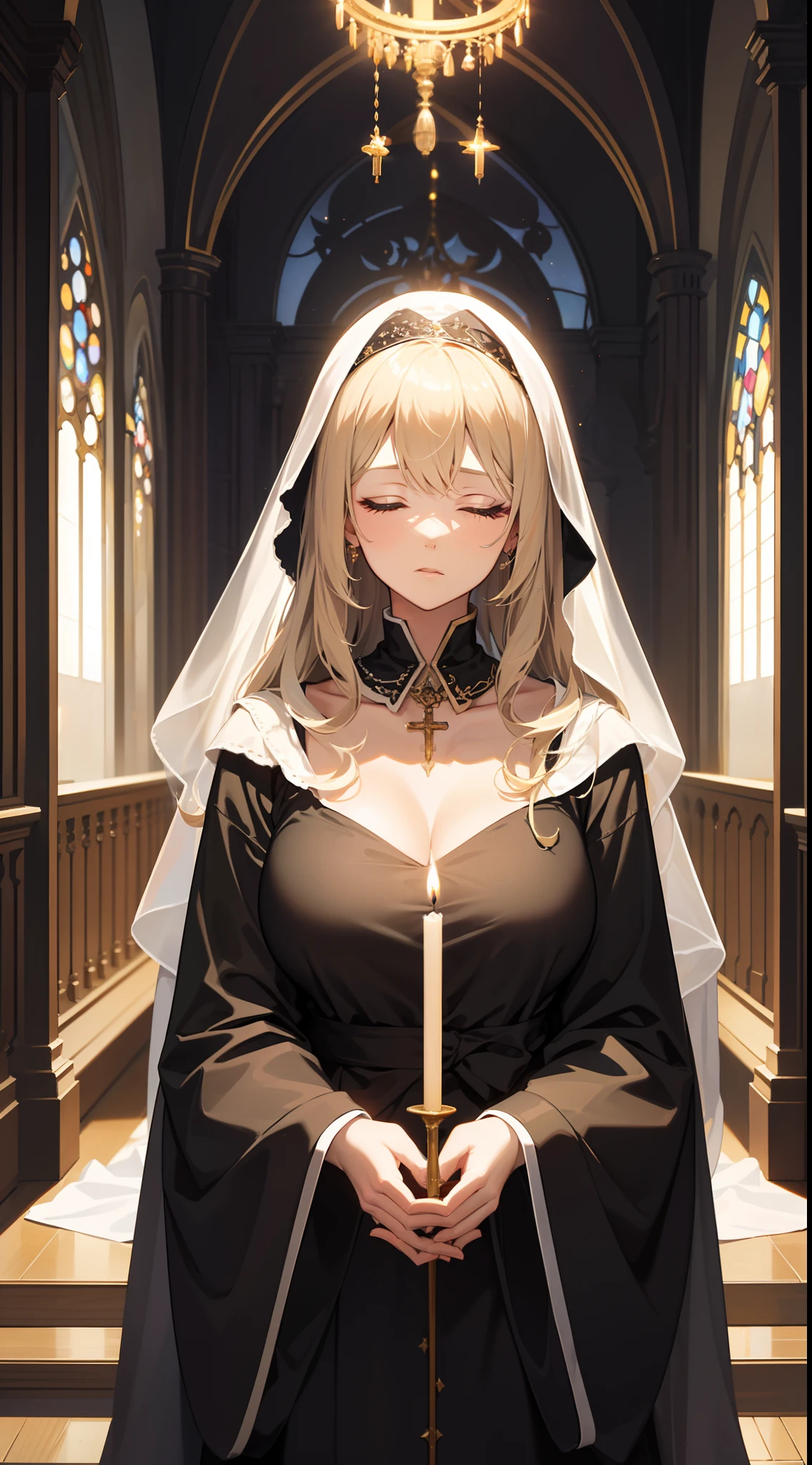 masterpiece,(bestquality),highlydetailed,ultra-detailed,in a gothic cathedral,spiritual atmosphere,in the presence of God,soft daylight coming through stained glass windows,angelic halos,mature female,milf,mature,blonde hair, wavy hair with big curls, long hair, ample bosom, blindfolded, alluring, French woman,expressing devotion and purity,white habit with black veil and rosary,candlelit corridor,mysterious shadows,peaceful serenity,holy cross,divine light,tranquil meditation,(quiet dignity:1.2),humble and compassionate expression,praying hands,sacred heart,white light radiating from the heavens,heavenly choir singing,aurora borealis in the night sky,faint scent of incense,figurative statues representing saints and angels,flickering candlelight creating a warm ambiance.