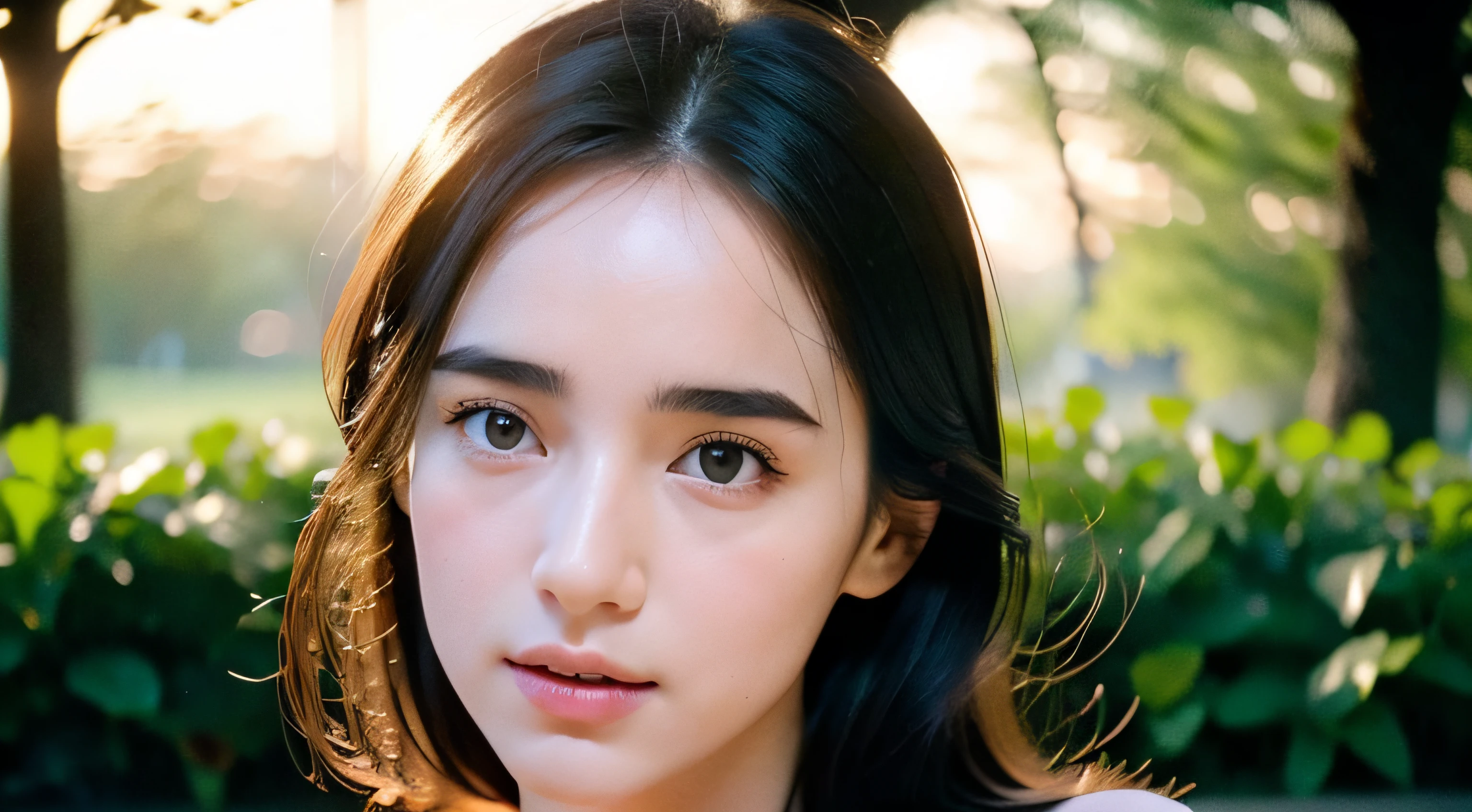Portrait, nsfw,navel,naked,Beautiful face, Pretty eyes, Outside, Portrait, Park, Trees, tusk, Eyes open, Ward Awards Photo, Best Quality, Upper body, Jennifer Connelly, nikon d850 film stock photograph 4 kodak 400 camera f1.6 lens rich colors hyper realistic lifelike texture natural lighting trending on artstation cinestill 800, (100mm lens)