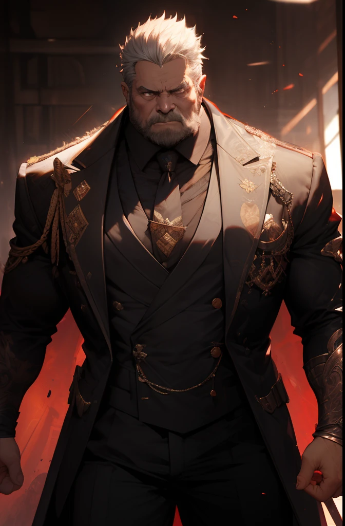 old man, bara,king, thick body,fat,ornate double-breasted suit,long tie,luxury,devil crown,white beard,short white hair,handsome,big chest, sharp gaze, in cage,glowing red eyes,big eyes, big bulge, standing, hide hands behind hip, hd quality, masterpiece, extremely detailed, looking to the viewer, perspective view, UHD, 64k, unreal.(highly detailed skin), (detailed face), detailed background, dark lighting, twilight lighting, volumetric lighting, intricate details, UHD, evil, corrupted