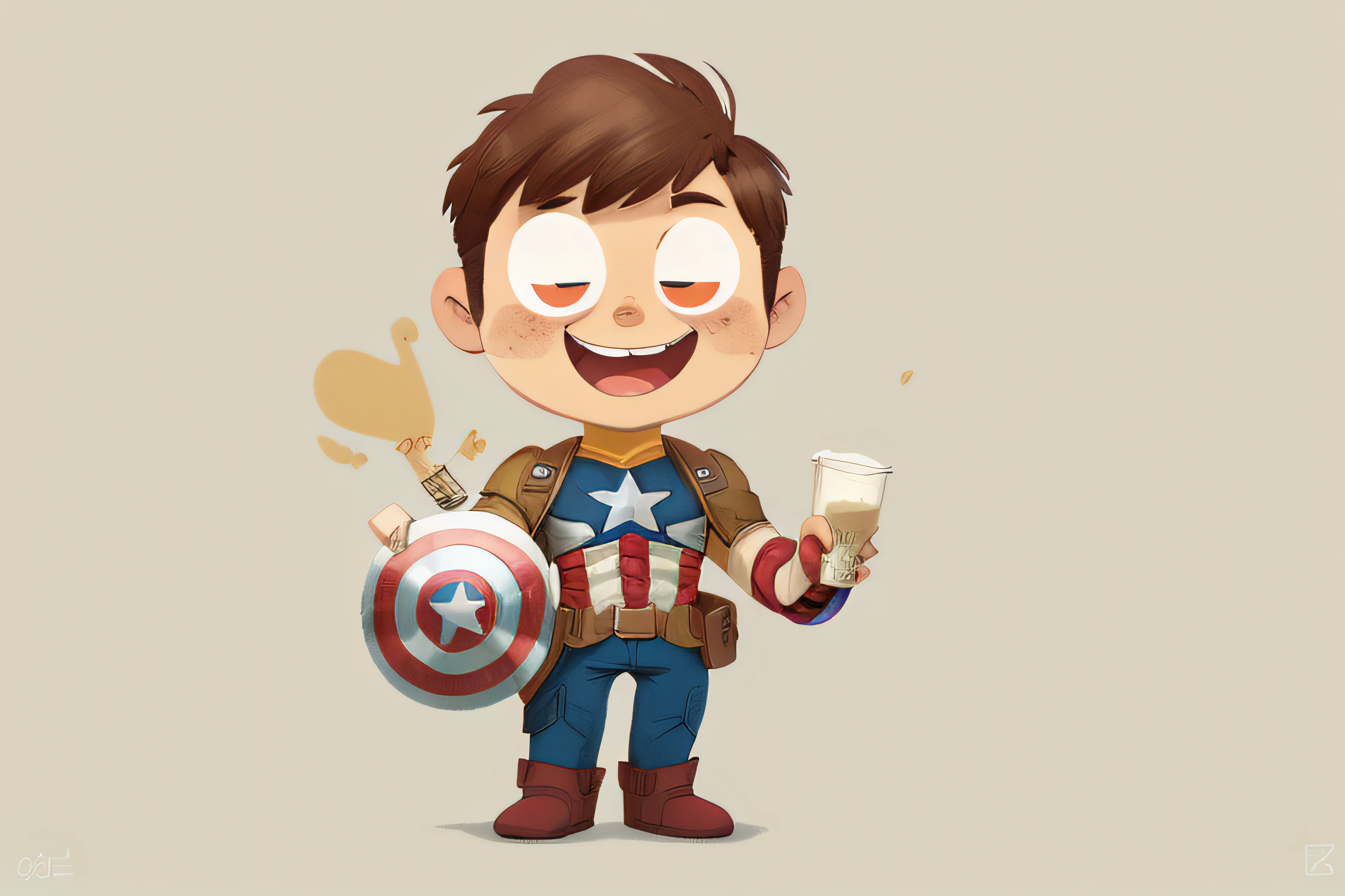 captain america, holding a cup of milktea, solo, cartoon, smile at viewer, high quality, anime