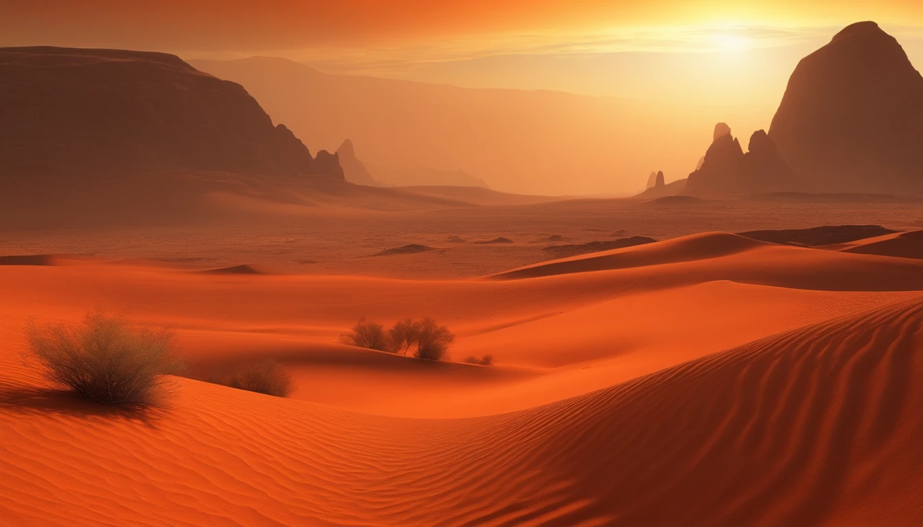 Arid planetary surface, Alien desert, with mountains on the horizon, una colonia futurista con viviendas muy distintas a lo lejos, un planeta rojo y naranja en el firmamento, Heavy atmosphere, calor, humedad, niebla, polvo en el aire, atardecer muy caliente, Hyperrealistic image real photography 16K