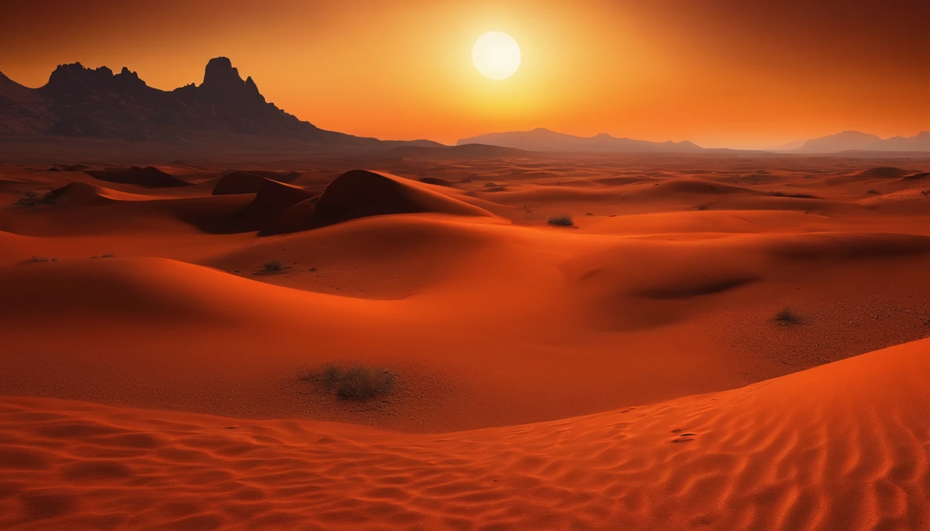Arid planetary surface, Alien desert, with mountains on the horizon, una colonia futurista con viviendas muy distintas a lo lejos, un planeta rojo y naranja en el firmamento, Heavy atmosphere, calor, humedad, niebla, polvo en el aire, atardecer muy caliente, Hyperrealistic image real photography 16K