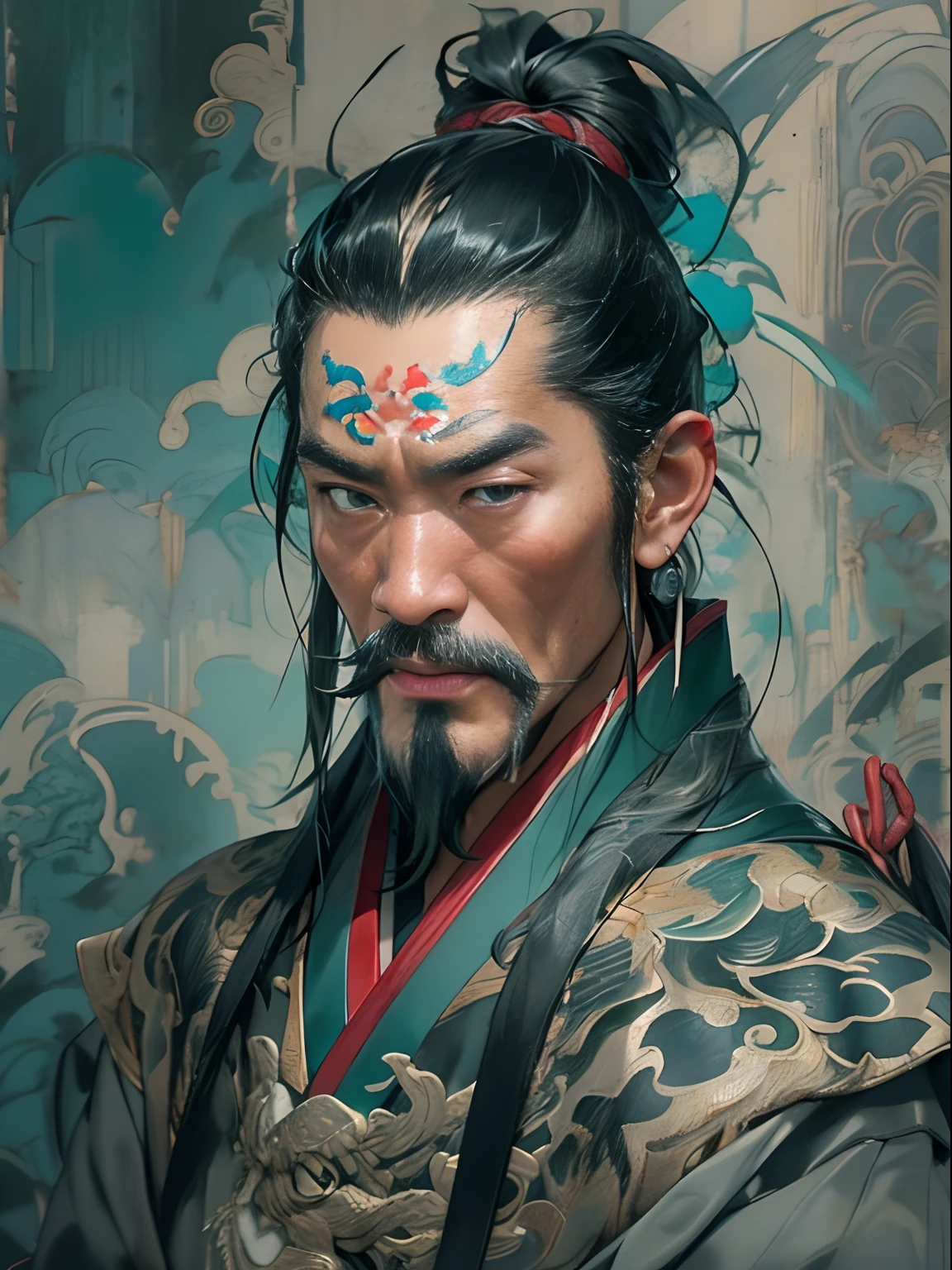 (((China-style,Ink painting method,Half-length portrait,Intense color,Han dynasty, China,Hanfu,Armor,Guan yu,Guan Yunchang,of a guy,Ruddy killing square face,Hold the Blue Dragon Moon Knife in his right hand,Stroke your beard with your left hand,Long hair,petty eyes,Green robe))), (((best qualityer))), (((tmasterpiece))), (((AS-Adult))), ((( Japanese ))), Look up from your knees, Handsome Asian samurai,perfect body figure, Modern samurai, ((( Asian))), Wear gloves on your hands,The left arm is made of steel and metal tips,Made of protective devices, The eyes are pulled, (( Appears below the chest )), (( Small dental floss )), Simon Bisley, Almost naked(Simon Bisley)Castle City Wilderness,For high-resolution posters, hair straight, Minimum clothing, armure (Crazy clothes ), Full of tips and rivets, tribal tattoos, (((full bodyesbian))), Straight brunette hair,Colored hair ends