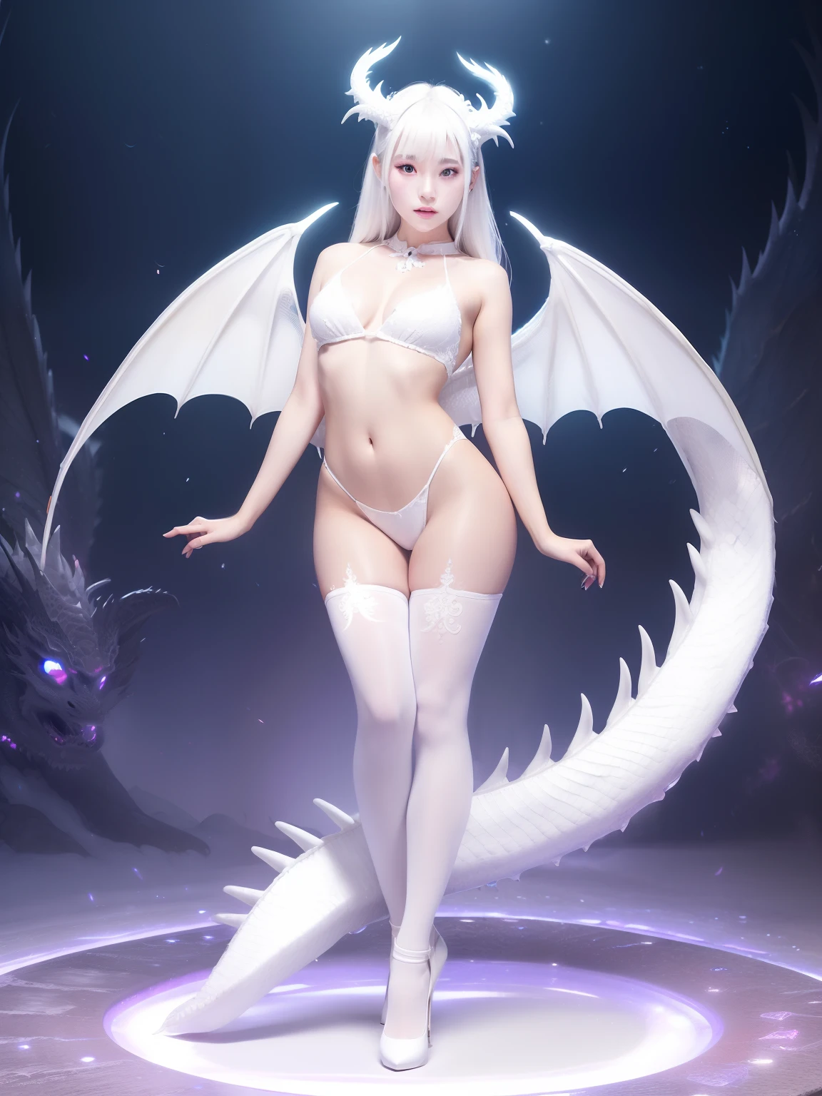 Best Quality,Gorgeous Korean Woman,(Shiny White Dragon Skin:1.2),Lolita Makeup,atlibrary,(Full body),Smile,Solo,Dragon Scale Tights,(Dragon wings:1.1),24 years old,super model,Staring at the viewer,Big,Open,fire,Wet skin,Shiny skin,Extremely few full-body crosses,dragon horn,redeyes,((Saliva))