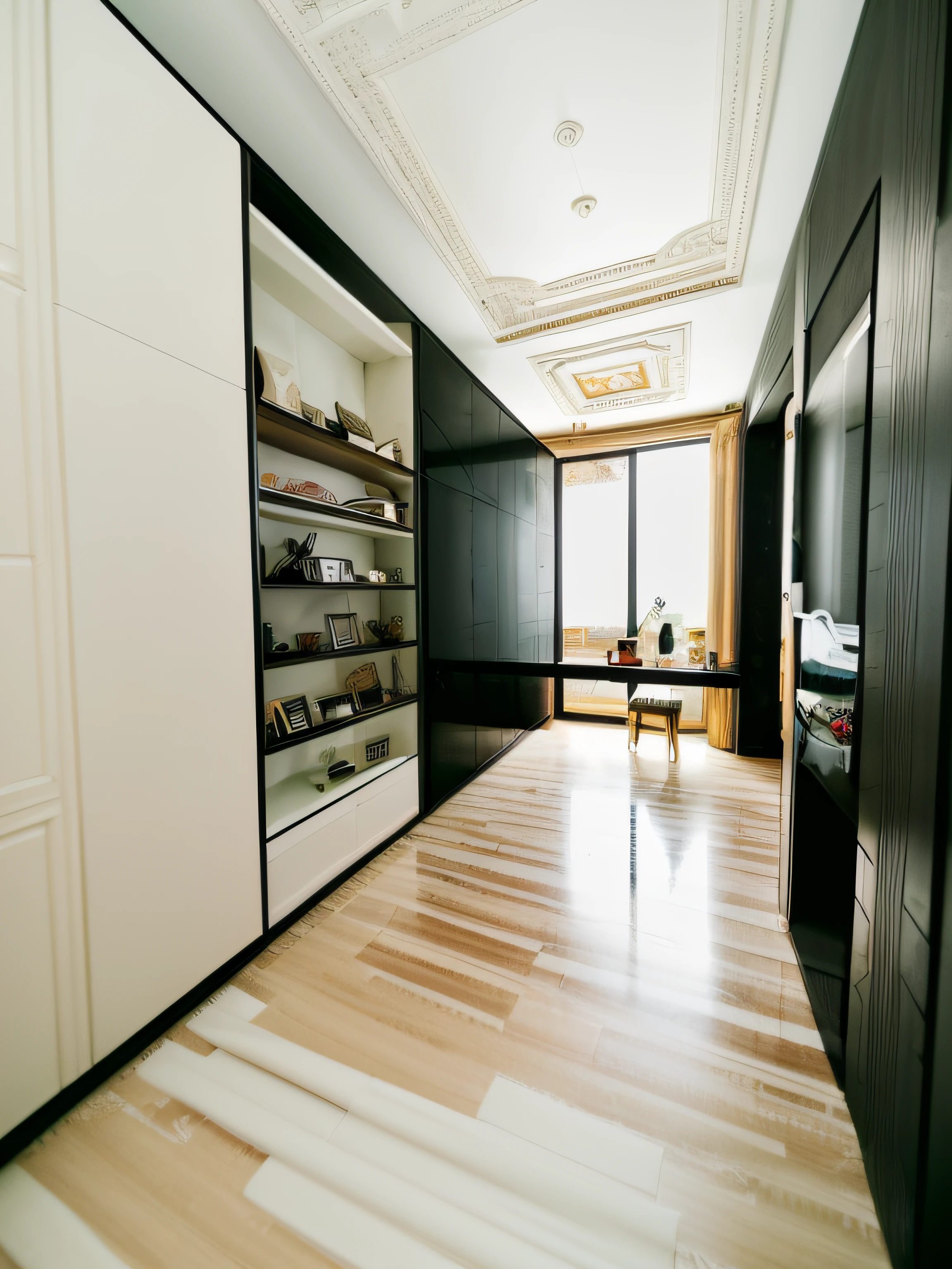 RAW photo, Masterpiece, high quality, best quality, authentic, super detailed, glossy indochina black furniture), carpet, shelf tv, 1 solid wood door:1.4,((laminated plaster,))), day light)), natural light fromt glass door, archdaily architecture, (high detail: 1.2), 8k uhd, dslr, soft light, high quality, film grain, Fujifilm XT3, bed room, well arranged livable space, homy, Traditional design, crown holding, emphasis on on symmetry and order, classic decor elements, chandeliers and bookcases, neutral colour schemes with pops of bold colours, jewel tones