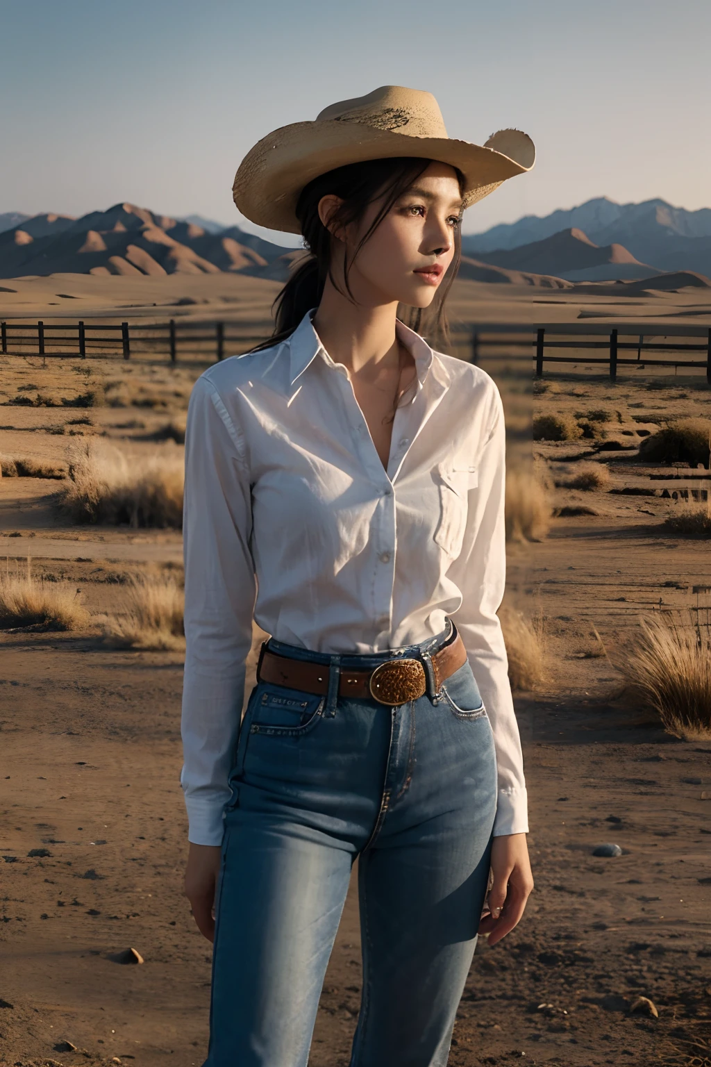 a rugged and slender rodeo cowboy , next to a fence, (she wears an open white shirt with rolled up sleeves, tight jeans with leather belt held by large intricate silver belt-buckle) woman's hair is dark in messy ponytail, (wears faded work jeans and a loose blue shirt with collar, cowboy hat with brim pulled down,) (she's in profile looking at cowboy with love), highly detailed skin, highly detailed fabric texture,, detailed natural lighting, deep shadows, American landscape in background, sun setting, gorgeous and intimate photos