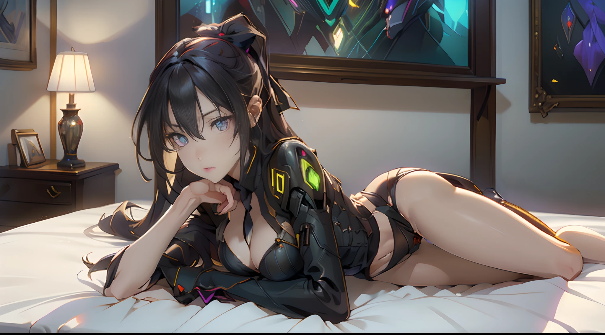 The alone naked young long waist brown tie hair woman as the lone character, yellow ribbon hair tie, left violet eye, right green eye, hetero eye, cloth less lie down on the bed, ?????, sexy pose , inside a private room, high resolution, Hyper detail mature face, , exposed chest, exposed panty, exposed waist , white necktie, no cloth, no skirt , high res, ultra sharp, detail finger, 5 finger, exposed hip, explosion effect, ((Best quality)), ((masterpiece)), (detailed:1.4), 3D, an image of a beautiful cyberpunk female, full view of girl, HDR (High Dynamic Range),Ray Tracing, NVIDIA RTX, Super-Resolution, Unreal 5,Subsurface scattering, PBR Texturing, Post-processing, Anisotropic Filtering, Depth-of-field, Maximum clarity and sharpness, Multi-layered textures ,Albedo and Specular maps, Surface shading, Accurate simulation of light-material interaction, Perfect proportions, Octane Render, Two-tone lighting, Wide aperture, Low ISO, White balance, Rule of thirds,8K RAW,