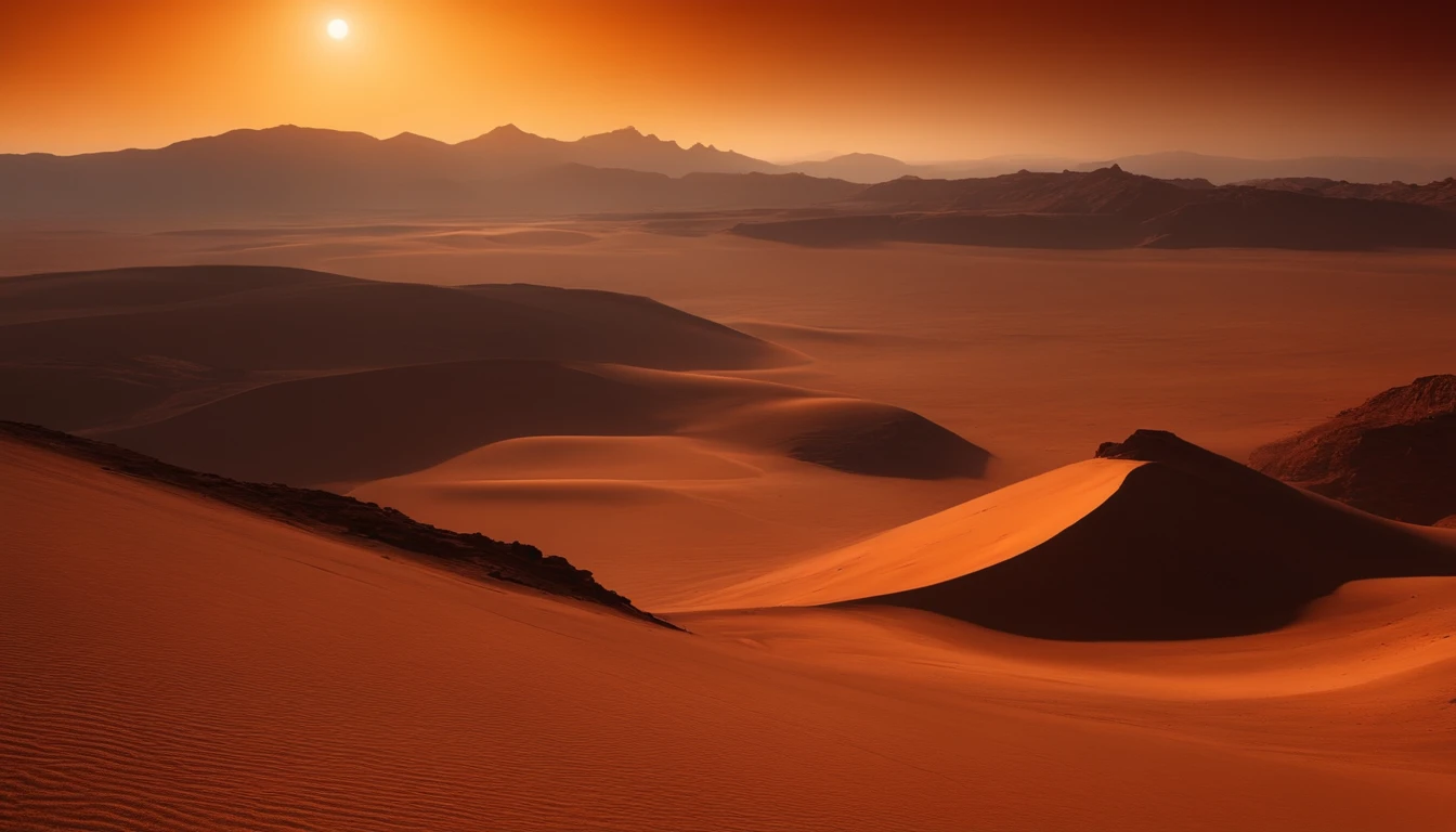 Arid planetary surface, sin vida, Alien desert, with mountains on the horizon, una flotilla de naves espaciales cruza el cielo a lo lejos, un o dos planetas rojo y naranja en el firmamento, Heavy atmosphere, calor, humedad, niebla, polvo en el aire, atardecer muy caliente, Hyperrealistic image real photography 16K