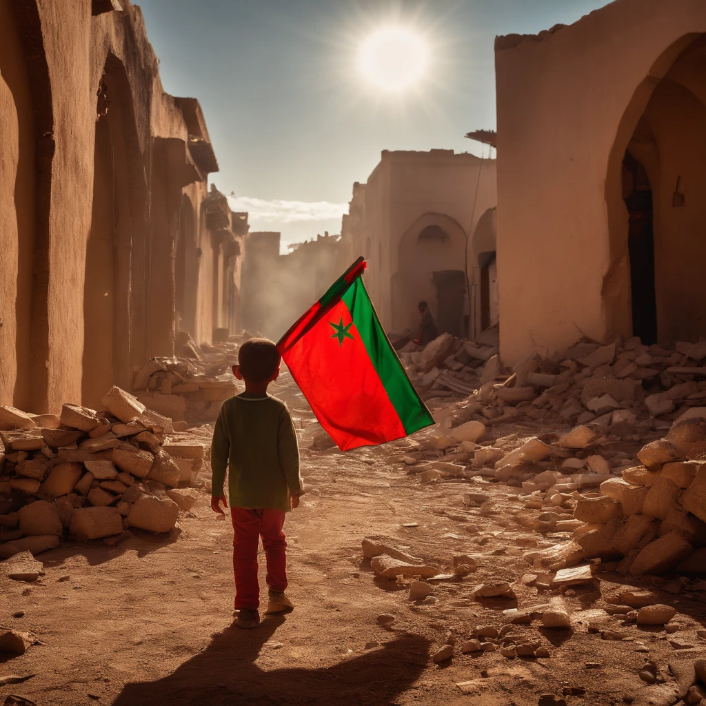 Morocco earthquake, one little boy from behind holding Moroccan flag looking at rubble and destruction, somber, hope, sunrays, (masterpiece:1.1) (best quality) (detailed) (intricate) (8k) (HDR) (cinematic lighting) (sharp focus:1.1) red and green