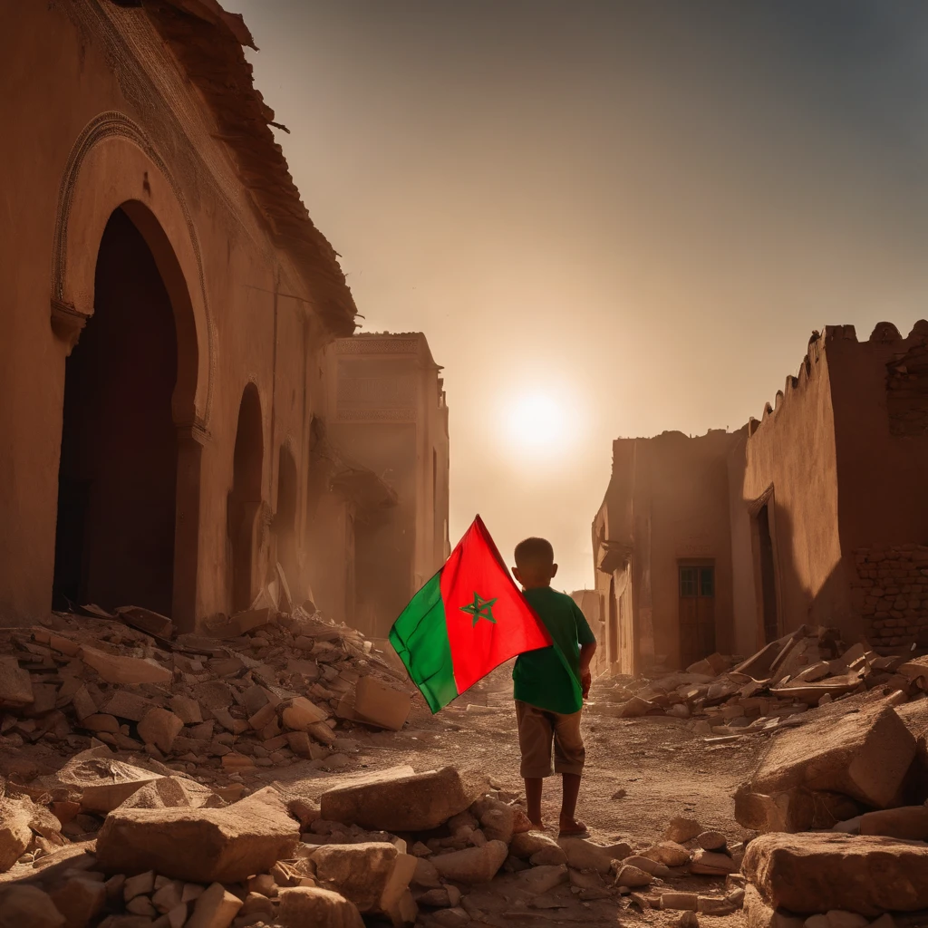 Morocco earthquake, one from behind holding Moroccan flag looking at rubble and destruction, somber, hope, sunrays, (masterpiece:1.1) (best quality) (detailed) (intricate) (8k) (HDR) (cinematic lighting) (sharp focus:1.1) red and green