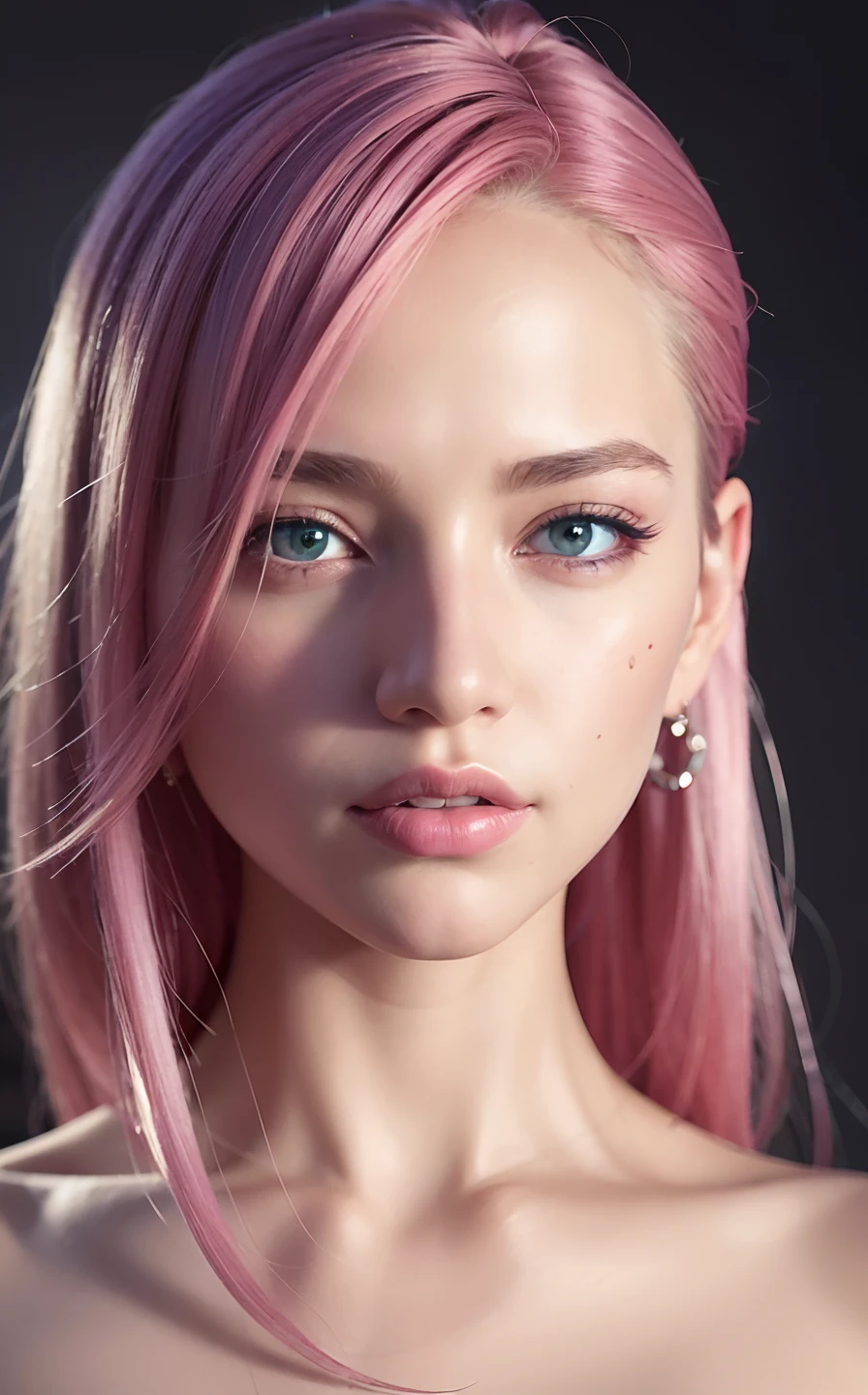 best quality, ultra high res, (photorealistic:1.4), (detailed beautiful girl:1.4), (medium breasts:0.8), looking_at_viewer, Detailed facial details, beautiful detailed eyes,pink hair, blue eyes, slender, haunting smile, (makeup:0.3), red lips, highly detailed clothes, (ulzzang-6500-v1.1:0.3)