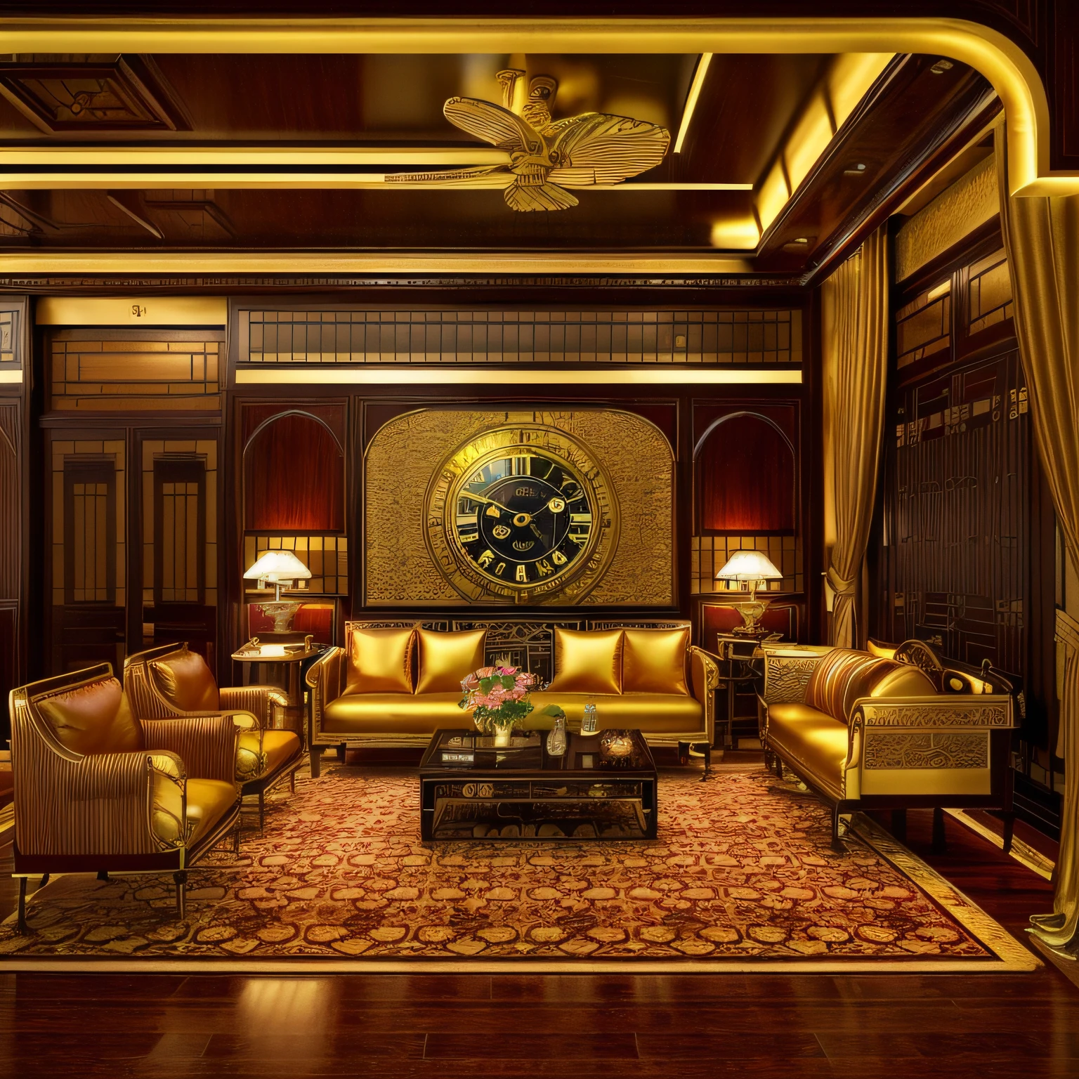there is a living room with a clock on the wall, interior living room, asian interior decoration, colonial style, neo - classical style, highly detailed interior, elegant and extremely ornamental, living room interior design, living room, rendered in 3 dsmax, elegant and ornate, ornate retreat, interior design living room, 1 9 2 0 s room, art deco interior