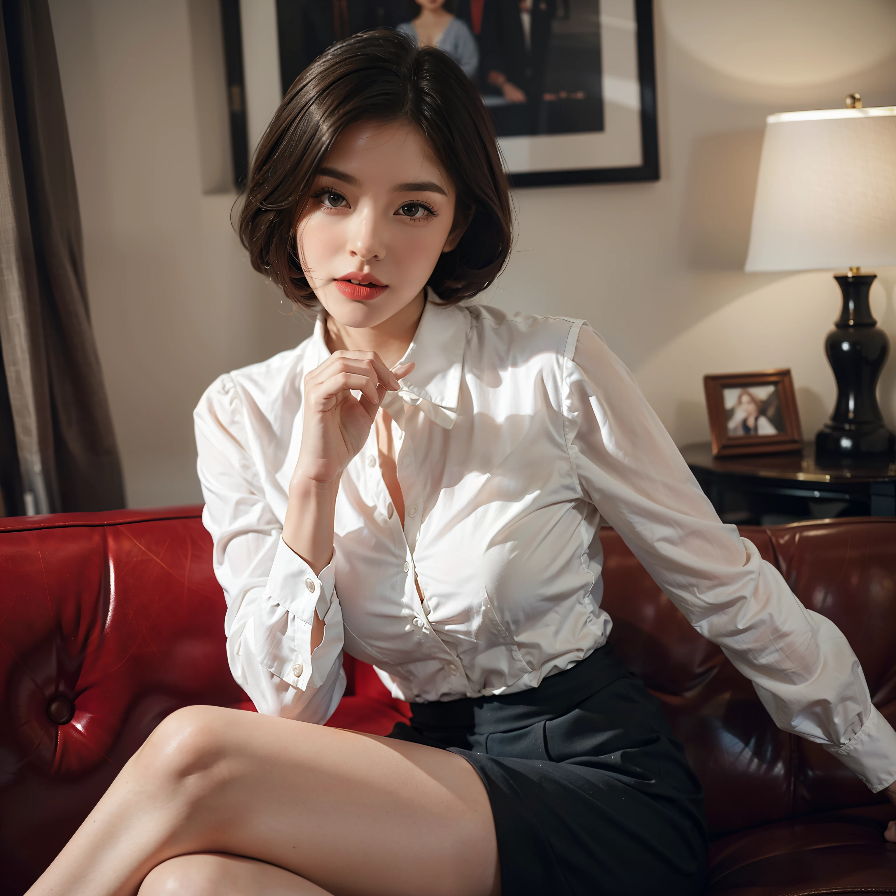 Mallory Malone's costume description is very detailed, Unique and interesting style. In a white long-sleeved blouse of your choice、A fitted black knee-length skirt with red accents creates a striking visual contrast. The addition of a black heel with ankle strap is、Adds a classy touch to the look. Apart from clothes, Vintage 1950s Bob Hairstyles、Adds a retro and timeless element to Mallory Malone's style. This type of hairstyle is、Known for its neat and short appearance, Typically、Jaw length with both ends turned inward. This hairstyle selection is、Add a vintage touch to the look、Complements Mallory's overall style. Makeup also plays an important role in the appearance of Mallory Malone. Although there are no specific details about makeup mentioned in the description, It is possible to imagine that she may be rocking a 1950s-inspired look.Happy,I see underwear,taking off shirt,Chest exposed,