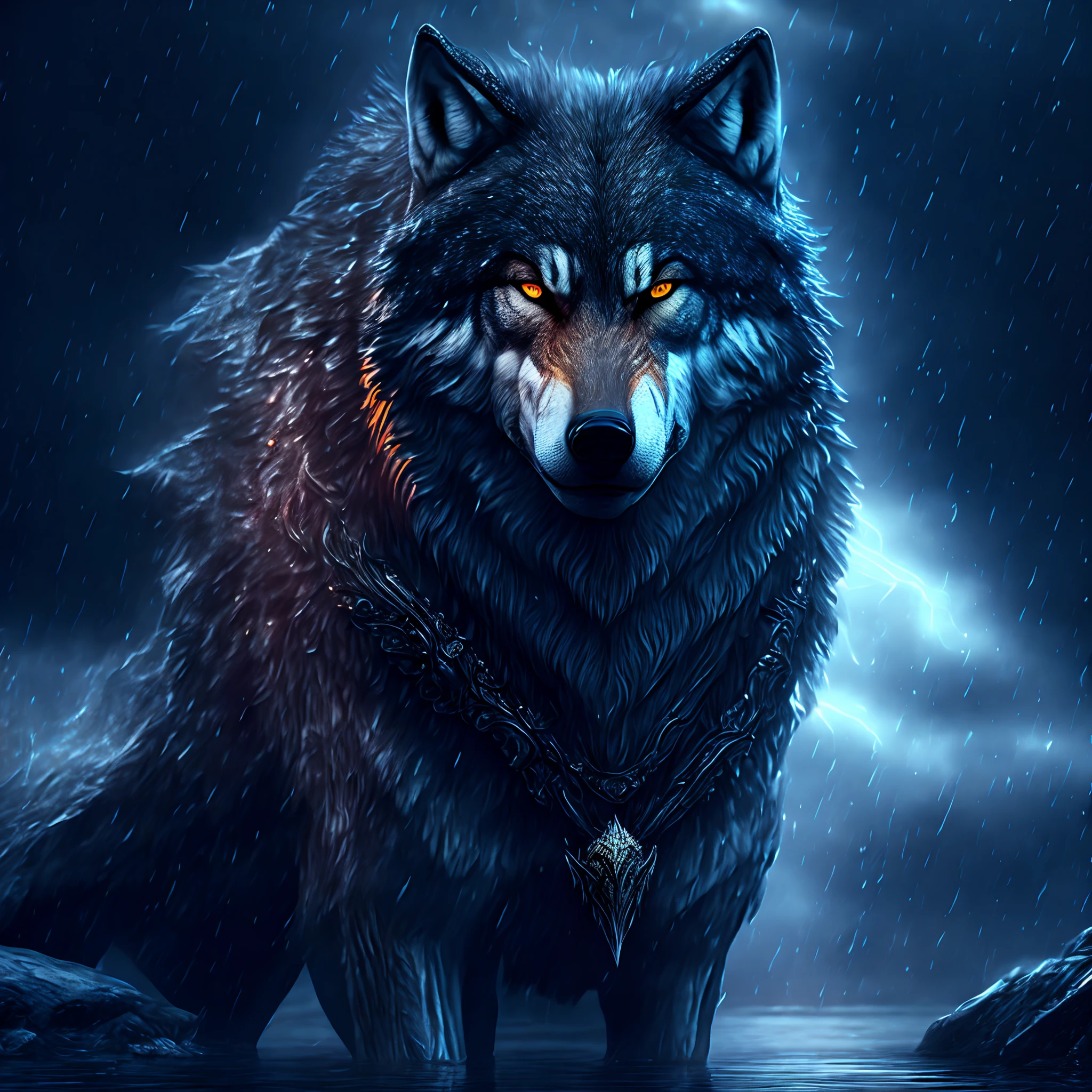 Wolf god, hyper realistic, tension, cold, highly detailed, sharp focus, professional, 8k UHD, cinematic, dark, violent, outdoor, River, battle, chase, dramatic, vivid, nervous vibe, render, epic, twilight, HDR, album cover, blizzard, lightning, cataclysmic