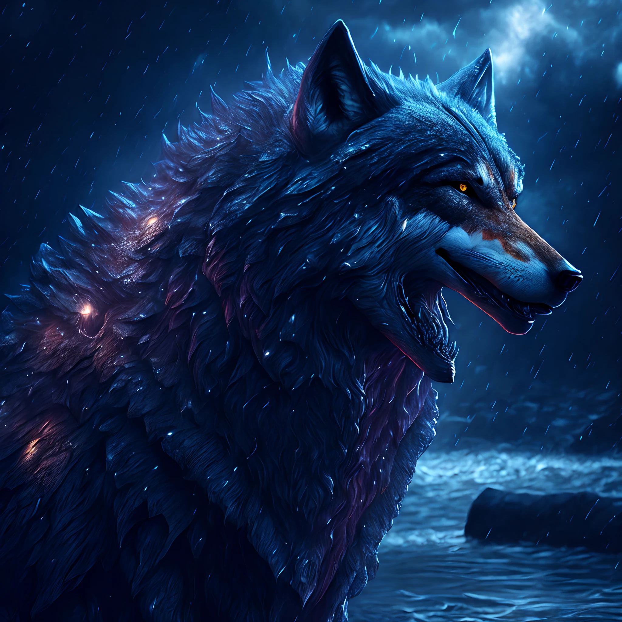 Wolf god, hyper realistic, tension, cold, highly detailed, sharp focus, professional, 8k UHD, cinematic, dark, violent, outdoor, River, battle, chase, dramatic, vivid, nervous vibe, render, epic, twilight, HDR, album cover, blizzard, lightning, cataclysmic