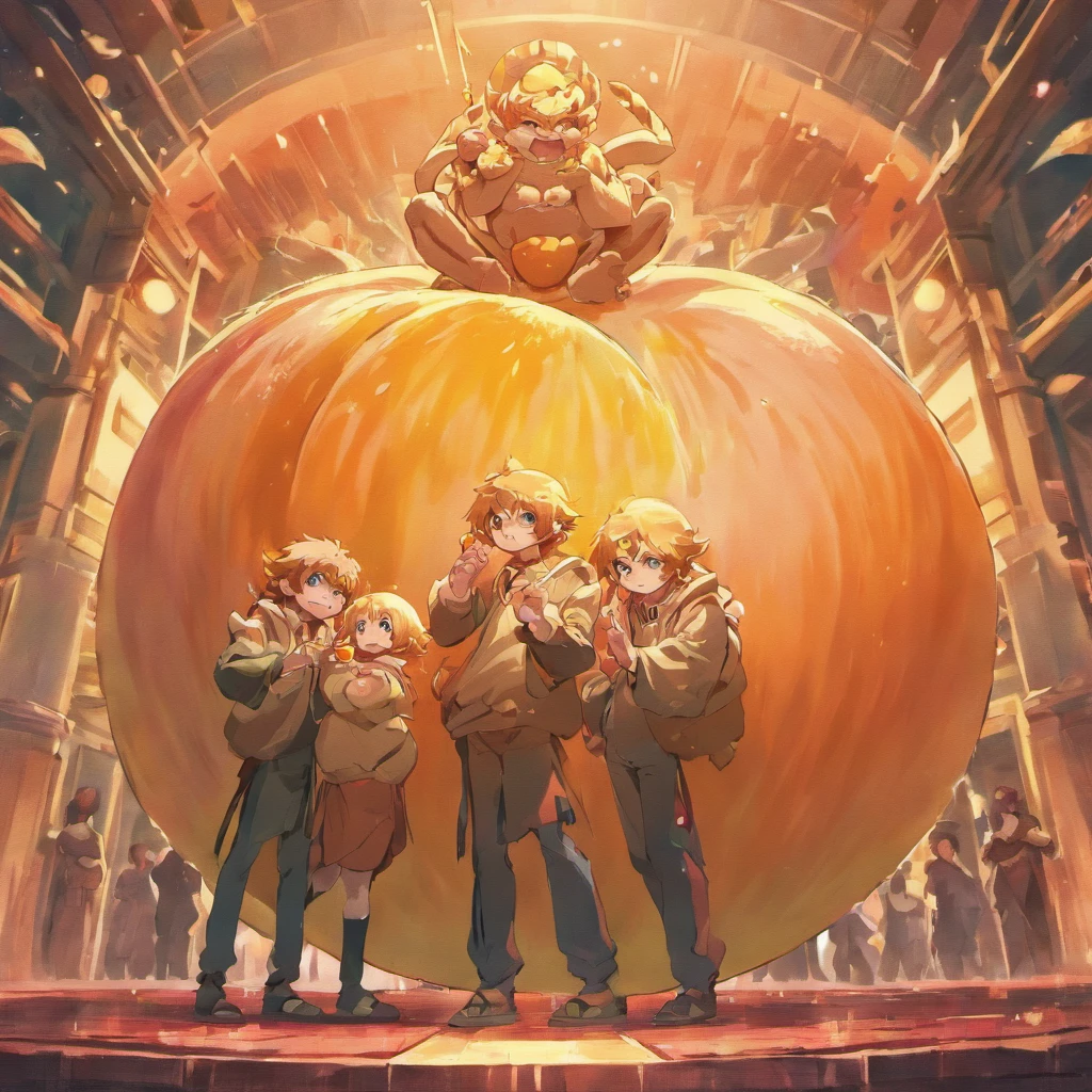Three monkeys holding a large peach
