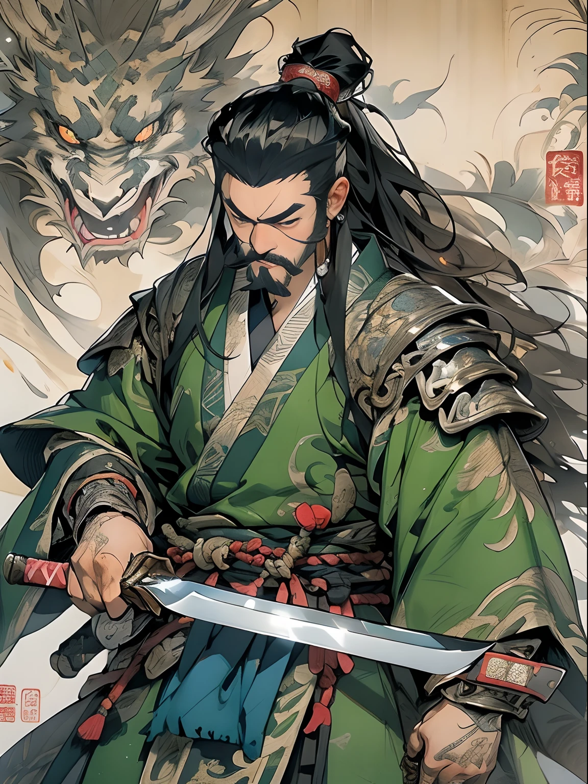 (((China-style，Ink painting method，Half-length portrait，Intense color，Han dynasty, China，Hanfu，Armor，Guan yu，Guan Yunchang，of a guy，Ruddy killing square face，Hold the Blue Dragon Moon Knife in his right hand，Stroke your beard with your left hand，Long hair，petty eyes，Green robe))), (((best qualityer))), (((tmasterpiece))), (((AS-Adult))), ((( Japanese ))), Look up from your knees, Handsome Asian samurai，perfect body figure, Modern samurai, ((( Asian))), Wear gloves on your hands，The left arm is made of steel and metal tips，Made of protective devices, The eyes are pulled, (( Appears below the chest )), (( Small dental floss )), Simon Bisley, Almost naked（Simon Bisley）Castle City Wilderness，For high-resolution posters, hair straight, Minimum clothing, armure (Crazy clothes ), Full of tips and rivets, tribal tattoos, (((full bodyesbian))), Straight brunette hair，Colored hair ends