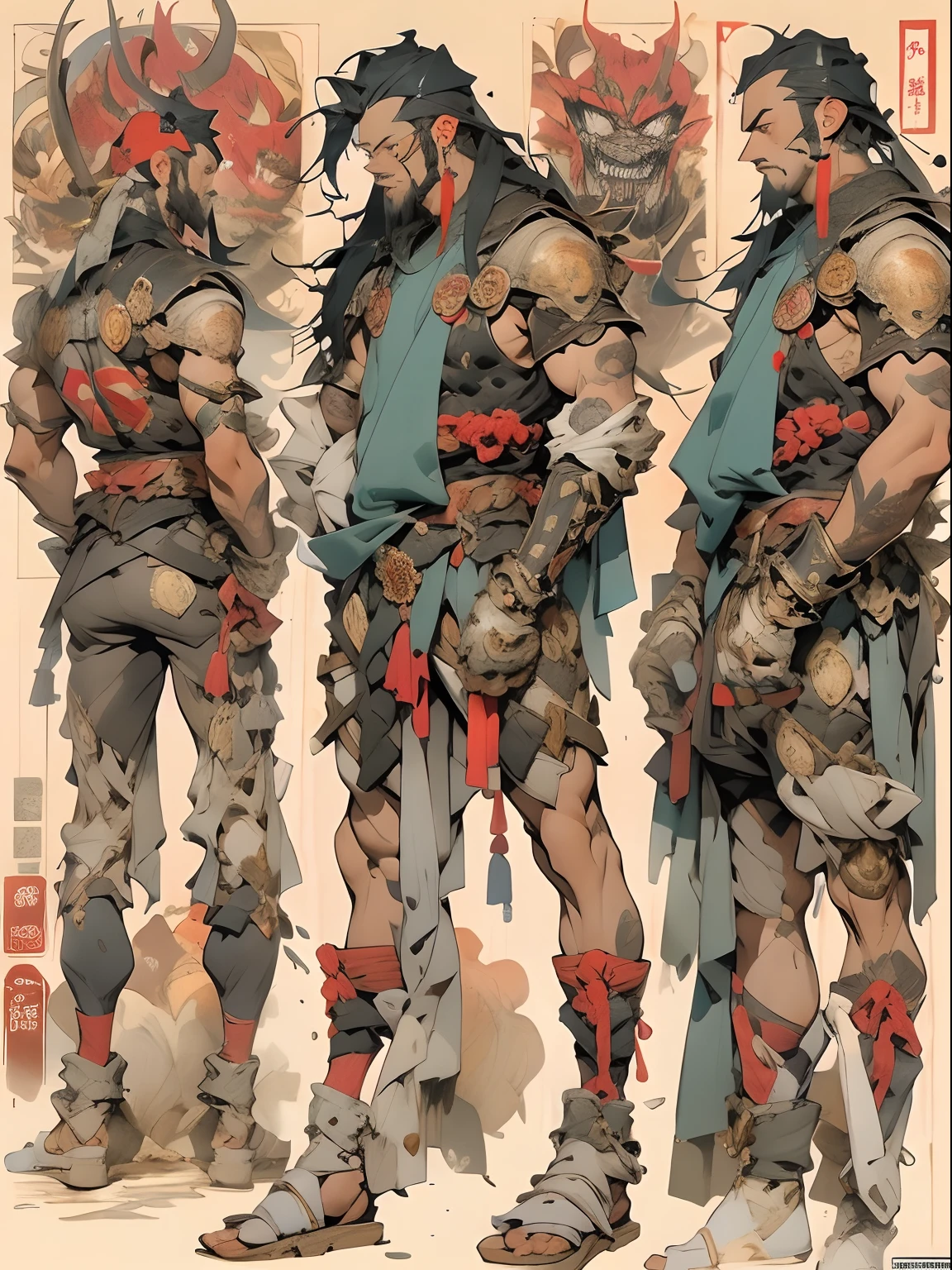 (((mtu))), (((best qualityer))), (((tmasterpiece))), (((AS-Adult))), ((( Japanese ))), Look up from your knees, Handsome Asian samurai，perfect body figure, Modern samurai, ((( Asian))), Wear gloves on your hands，The left arm is made of steel and metal tips，Made of protective devices, The eyes are pulled, (( Appears below the chest )), (( Small dental floss )), Simon Bisley, Almost naked（Simon Bisley）Castle City Wilderness，For high-resolution posters, hair straight, Minimum clothing, armure (Crazy clothes ), Full of tips and rivets, tribal tattoos, (((full bodyesbian))), Straight brunette hair，Colored hair ends