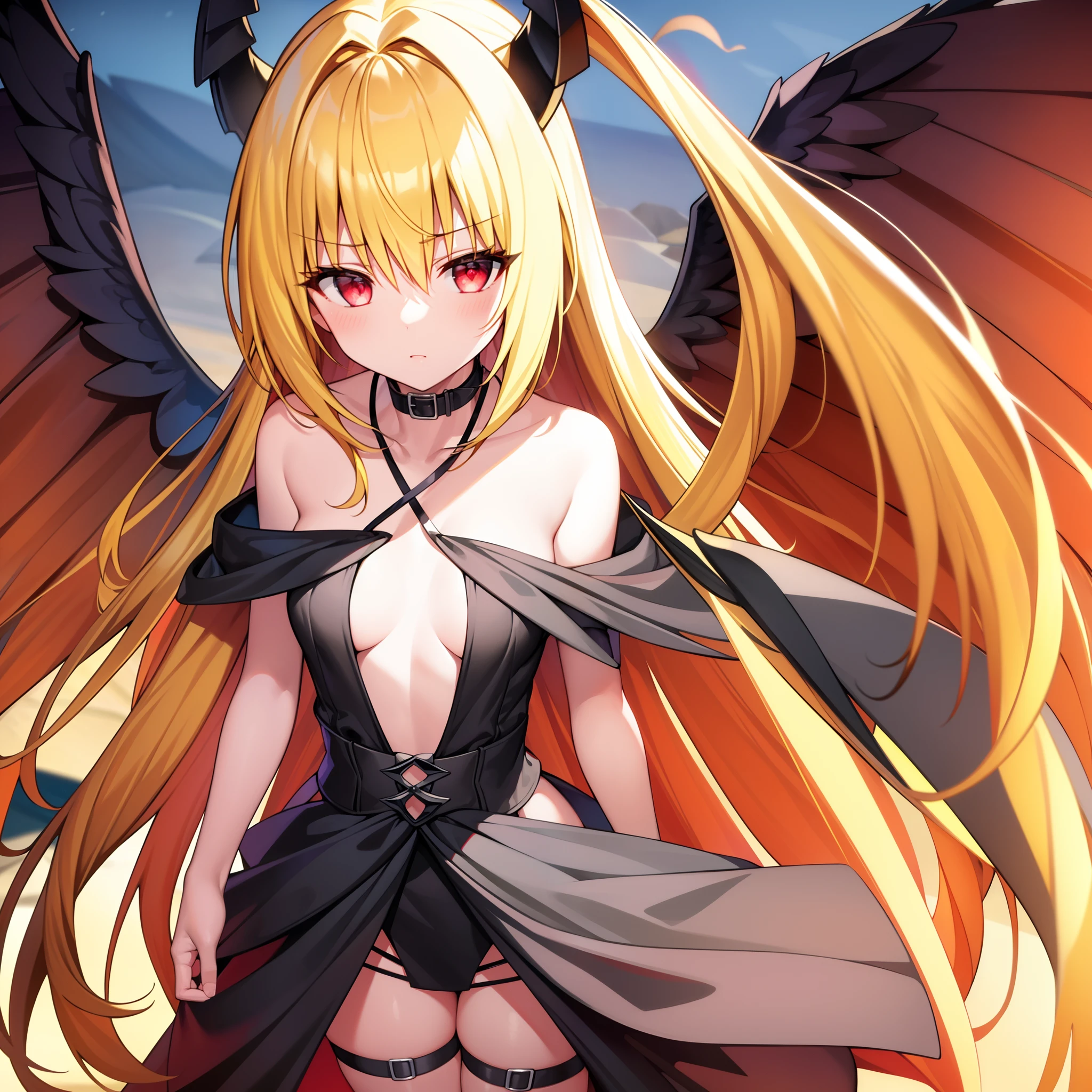 (masterpiece:1.6, best quality), (finely detailed beautiful eyes: 1.2), phyami, yamidarkness, 1girl, solo, blonde hair, wings, long hair, horns, red eyes, black wings, bare shoulders, hair intakes, collarbone, choker, demon horns, halterneck, feathered wings, collar, anime coloring, hair between eyes, criss-cross halter, black dress, demon girl, bangs, very long hair