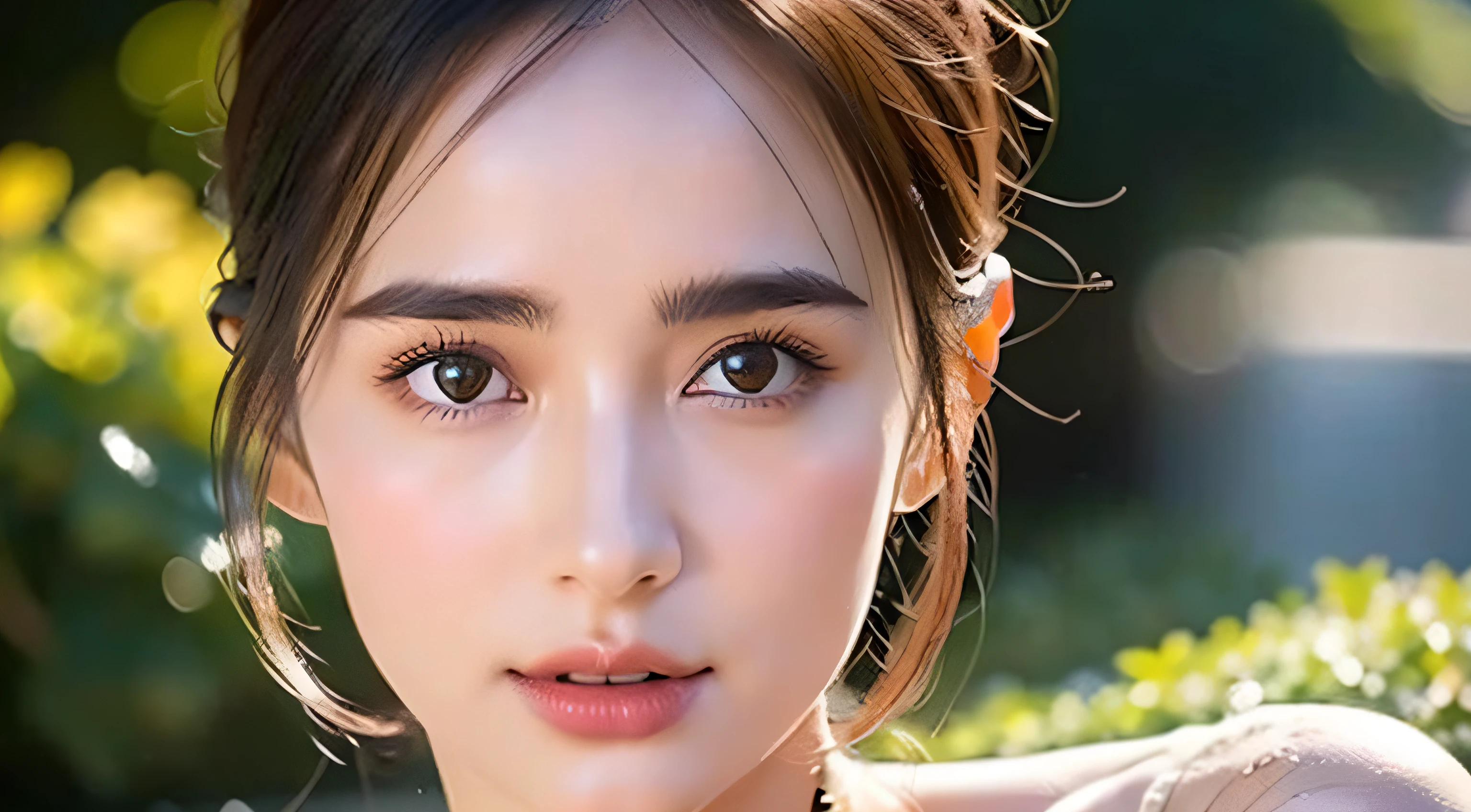 Portrait, NSFW,Navel,Naked,Beautiful face, plump and well-shaped udder、Smooth skin、Slender body、Pretty eyes, Outside, Portrait, Park, Trees, tusk, Eyes open, Ward Awards Photo, Best Quality, Upper body, Jennifer Connelly, nikon d850 film stock photograph 4 kodak 400 camera f1.6 lens rich colors hyper realistic lifelike texture natural lighting trending on artstation cinestill 800, (100mm lens)