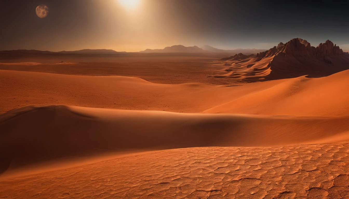 Arid planetary surface, sin vida, Alien desert, with mountains on the horizon, una flotilla de naves espaciales cruza el cielo a lo lejos, un o dos planetas rojo y naranja en el firmamento, Heavy atmosphere, calor, humedad, niebla, polvo en el aire, atardecer muy caliente, Hyperrealistic image real photography 16K, cinematography lighting, Dramatic image of vibrant colors, nubes aterradoras delante de los planetas