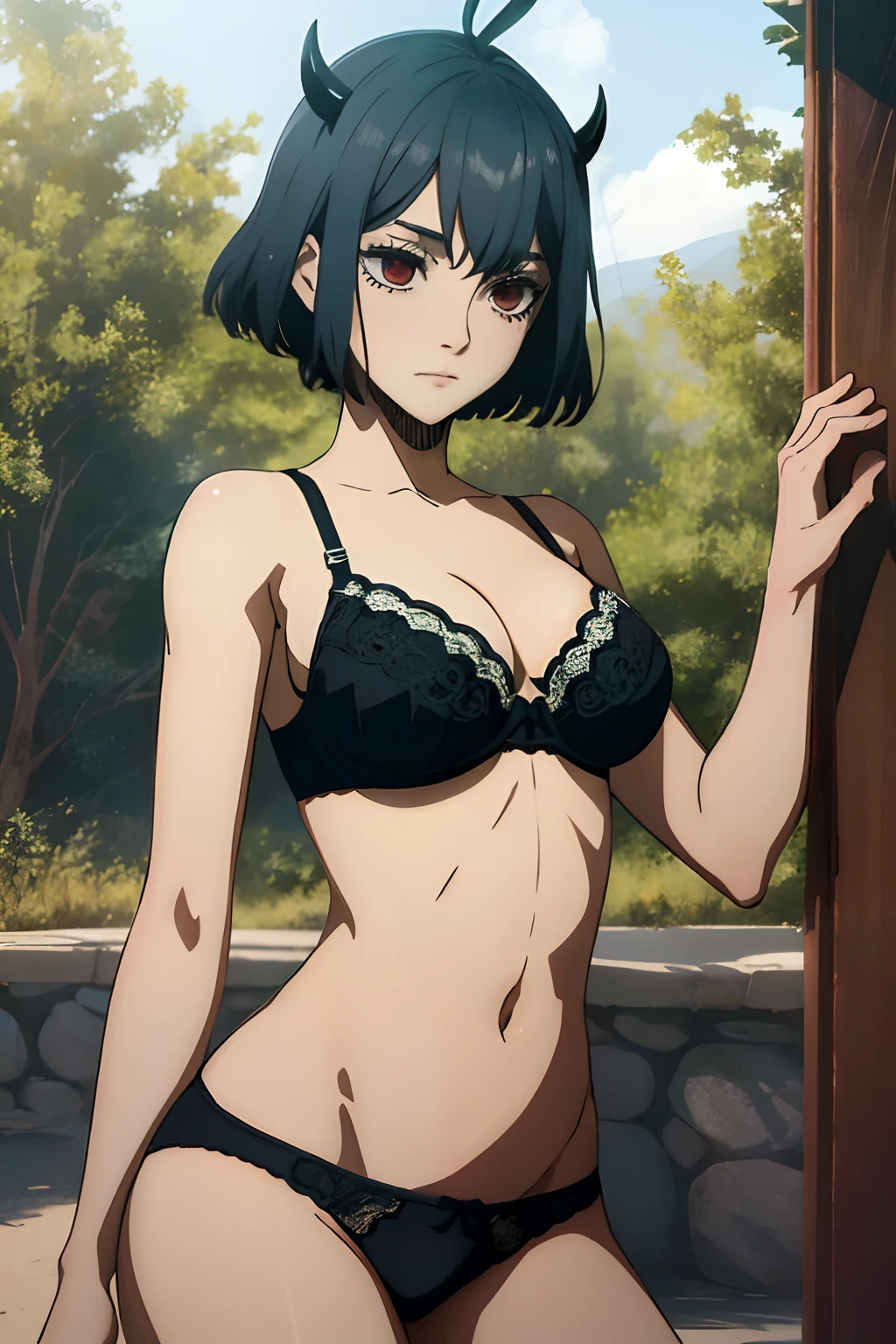 (masterpiece, best quality), intricate details, 1girl, solo, Nero,full body, beautiful legs,black hair, short hair, ahoge, red eyes, horns, outdoors, black-red bra, black-red panties,cleavage, expressionless, looking at viewer,